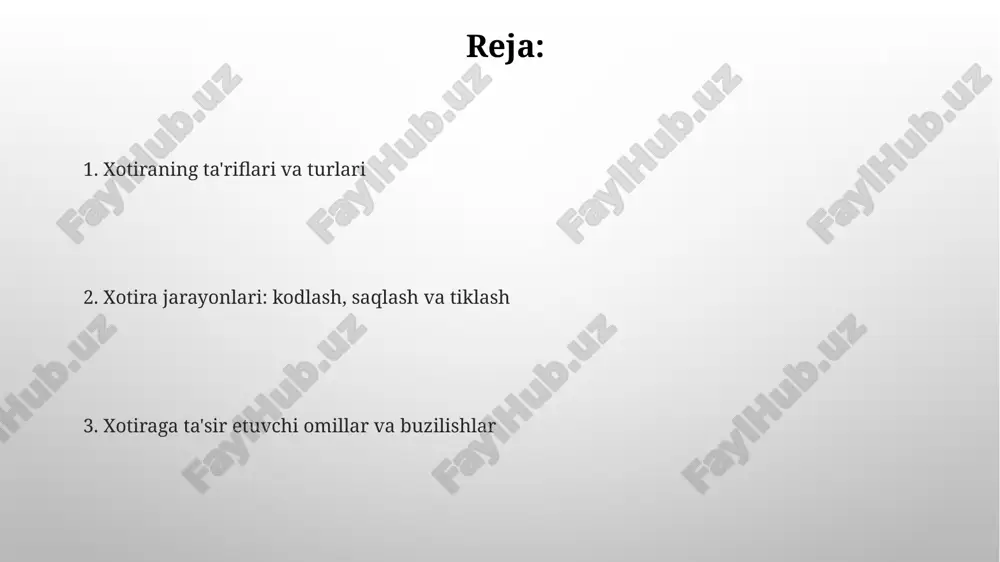 ologik halqa ichki ovoz orqali ma'lumotni saqlashga yordam beradi, taxminan 2 soniya davomida saqlashni ta'minlaydi va nutq asosidagi materiallarni eslab qolishda muhim rol o'ynaydi. uzoq muddatli xotira: deklarativ va protsedurali deklarativ xotira, masalan, faktlar (semantik) va voqealar (epizodik), ongli ravishda eslab qolinadi, uni 'nima' ekanligini anglash orqali 1972-yilda tulving ta'riflagan. protsedurali xotira, masalan, velosipedda haydash yoki musiqa asbobini chalish kabi ko'nikmalarni o'z ichiga oladi va uni 1960-yillarda p. fitts va m. posnerlar ta'riflagan. deklarativ xotira: epizodik va semantik epizodik xotira - bu 2003 yilgi tug'ilgan kuningiz kabi shaxsiy tajribalaringizni eslash. bu voqealarni va ular sodir bo'lgan vaqt va joyni o'z ichiga oladi. semantik xotira faktlar va kontseptsiyalarni, masalan, suvning 100 gradus selsiyda qaynashini saqlaydi. u umumiy bilimlar ombori bo'lib, shaxsiy kontekstdan xoli. protsedurali xotira: ko'nikmalar va odatlar protsedurali xotira, 4 ta asosiy ko'nikmalarni (masalan, velosiped haydash) o'z ichiga oladi, ongimiz ularni avtomatik ravishda, 0.5 sekund ichida eslashga imkon beradi. odatlar …