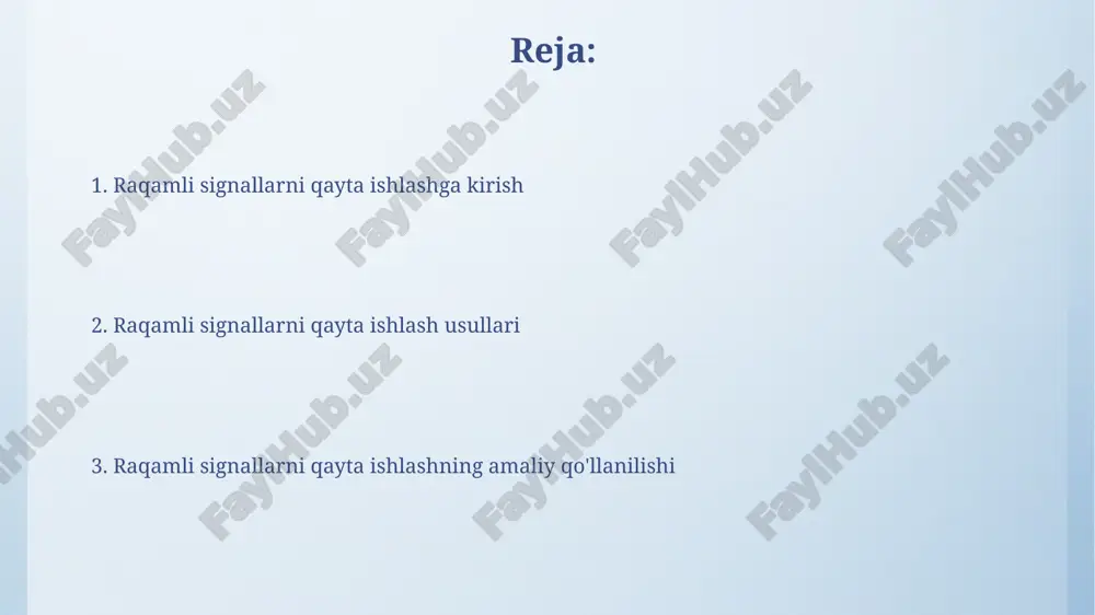li signal uchun o(n^2) kompleks arifmetik amallarni talab qiladi, ammo tez furye transformatsiyasi (fft) o(n log n) ga tushadi va hisoblash samaradorligini oshiradi. tezkor fourier transformatsiyasi (fft) tezkor furye transformatsiyasi (fft) diskret furye transformatsiyasini (dft) hisoblash uchun samarali algoritm bo'lib, n nuqtali dft uchun o(n log n) vaqt murakkabligiga ega. fft ko'plab sohalarda, masalan, signal va tasvirni qayta ishlashda, spektral tahlil va konvolyutsiya kabi amallarni sezilarli darajada tezlashtirishda qo'llaniladi, bu erda dft bilan solishtirganda tezlikning oshishi muhim. filtrlash turlari va dizayni raqamli filtrlashda fir (finite impulse response) filtrlari mavjud, ular chiziqli faza xususiyatiga ega va barqaror, chunki ularning barcha qutblari birlik doirasi ichida joylashgan. iir (infinite impulse response) filtrlari analog filtrlar dizayniga asoslangan, masalan, butterworth, chebyshev va elliptik filtrlari, ular yuqori tartibli bo'lishi mumkin. fir filtrlari fir filtrlari doimo barqarordir, chunki ularning impuls javobi cheklangan uzunlikka ega bo'lib, qutblar birlik doirasi ichida joylashgan. bu esa filtrlash jarayonida tebranish yoki beqarorlik …