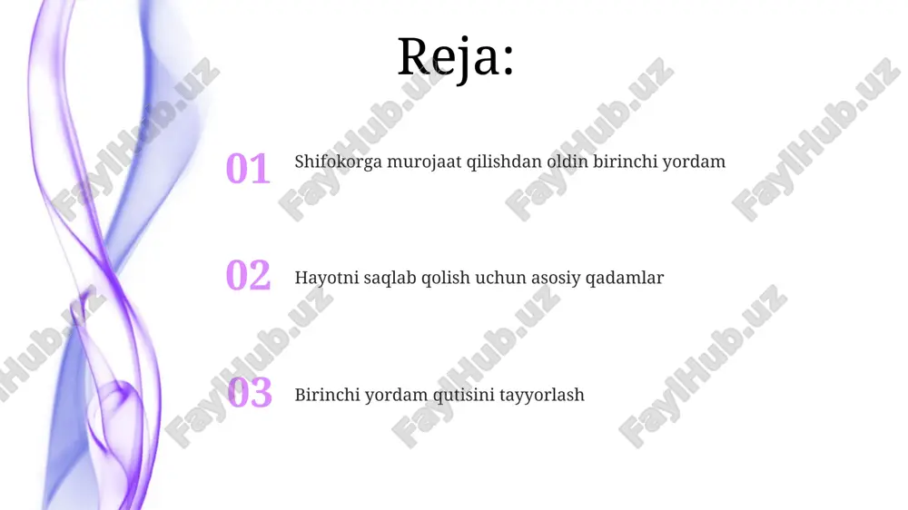 qiqasiga 100-120 marta bo'lishi kerak, bu qon aylanishini ta'minlash uchun muhimdir. yurak-o'pka reanimatsiyasi (yur) 30 ta ko'krak qafasini bosish va 2 ta sun'iy nafas berishdan iborat siklni o'z ichiga oladi, bu yurak urishini va nafas olishni sun'iy ravishda tiklashga yordam beradi. qon ketishini to'xtatish usullari jarohatga bevosita bosim o'tkazish: toza mato yoki doka bilan jarohatga kamida 10-15 daqiqa davomida tinimsiz bosim o'tkazing, bu qon ivishiga yordam beradi. bosim nuqtalarini qo'llash: agar qon ketishi bevosita bosim bilan to'xtamasa, jarohatdan yuqoriroq asosiy arteriyani bosish uchun bosim nuqtalaridan foydalaning, ammo 1-2 soatdan oshirmang. jarohatlarni davolash va bog'lash jarohatni tozalash uchun fiziologik eritma (0,9% nacl) yoki toza suv ishlatiladi, vodorod peroksididan esa chuqur jarohatlarda infektsiyani oldini olish uchun foydalanish mumkin. bog'lash uchun steril doka va elastik bintlardan foydalaniladi; doka jarohat ustiga qo'yiladi, elastik bint esa uni mahkam ushlab turish uchun o'raladi, lekin qon aylanishini to'xtatmaslik kerak. suyak sinishlari va chiqishlarida birinchi yordam chiqishda, zo'ravonlik …