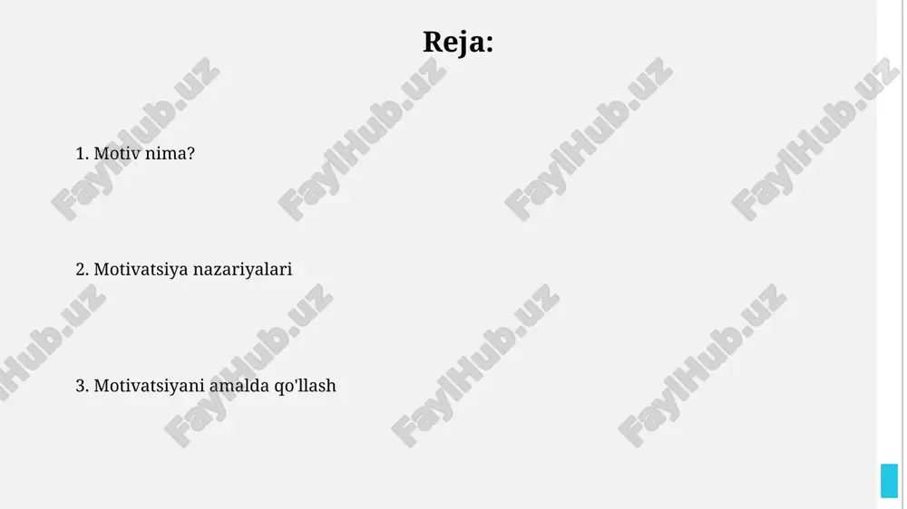 rakatga undaydi. bu, o'z maqsadlarini o'zi belgilash imkonini beradi. ichki motivatsiya o'z-o'zidan rivojlanishga turtki beradi; shaxsning 70%dan ortiq intilishlari qanoatlantirilganda, uning samaradorligi kamida 25%ga oshadi. tashqi motivatsiya tashqi motivatsiya, masalan, 1000 so'm mukofot puli yoki yuqori baho olish uchun harakat qilish, shaxsning tashqi omillar ta'sirida harakatlanishini anglatadi. bu turdagi motivatsiya ko'pincha vaqtinchalik bo'ladi, chunki rag'batlantiruvchi omillar, misol uchun, maosh yoki bonuslar tugashi bilan harakat susayishi mumkin. motivatsiya nazariyalari maslouning ehtiyojlar ierarxiyasi nazariyasi xodimlarni 5 bosqichli piramidaga ko'ra (fiziologikdan o'zini anglashgacha) qanday rag'batlantirishni tushuntiradi, bunda pastki ehtiyojlar qondirilgandan keyin yuqori ehtiyojlar paydo bo'ladi. xertsbergning ikki omilli nazariyasi motivatsiya omillarini (yutuqlar, e'tirof) gigiyenik omillardan (ish haqi, siyosat) ajratadi, faqat birinchisi haqiqiy motivatsiyani keltirib chiqaradi, ikkinchisi esa faqat norozilikning oldini oladi. ehtiyojlar ierarxiyasi (maslou) maslouning ehtiyojlar ierarxiyasi besh bosqichdan iborat bo'lib, 1943-yilda yaratilgan: fiziologik, xavfsizlik, ijtimoiy, hurmat va o'zini anglash ehtiyojlari mavjud. ierarxiyaning pastki qismida fiziologik ehtiyojlar (ovqat, suv, uyqu) joylashgan. ularning qondirilishi …