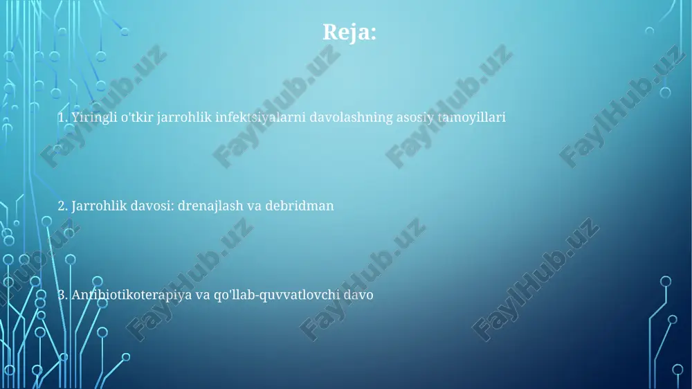 angan preparatlarni qo'llashni o'z ichiga oladi. purulent infeksiyalarda keng spektrli antibiotiklar, masalan, 3-4 avlod sefalosporinlari yoki karbapenemlar, empirik terapiya sifatida tez-tez ishlatiladi, keyinchalik sezuvchanlik testlari orqali aniqlik kiritiladi. detoksikatsiya terapiyasi detoksikatsiya terapiyasi plazmaferezni o'z ichiga oladi, bunda 60-70% plazma toksinlar va yallig'lanish mediatorlarini olib tashlash uchun almashtiriladi. majburiy diurez detoksikatsiya usuli sifatida buyraklar orqali toksinlar chiqarilishini 150-200 ml/soat tezlikda siydik chiqarishni ko'paytirish orqali tezlashtiradi. infuzion terapiya 2.5-3 litr kristalloidlar va kolloidlarni yuborishni o'z ichiga oladi, bu mikrosirkulyatsiyani yaxshilaydi va 0,9% nacl eritmasi bilan elektrolitlar muvozanatini saqlaydi. immunokorreksiya oʻtkir jarrohlik infeksiyalarining yiringli bosqichida immunokorreksiya 1- va 2-avlod immunomodulyatorlarini oʻz ichiga oladi, masalan, t-aktivin, timozin, ular 5-7 kun davomida qoʻllaniladi. immunokorreksiya – bu surunkali yiringli jarayonlarda buzilgan immun javobini 7 dan 14 kungacha tiklash uchun immunomodulyatorlarni qoʻllashni oʻz ichiga olgan davolash usuli. immunokorreksiya terapiyasining samaradorligi immunogramma maʼlumotlari bilan tasdiqlanadi, bunda t-limfotsitlar soni 15% dan ortiqroq oshadi va fagotsitar faollik indeksi 2 baravar …