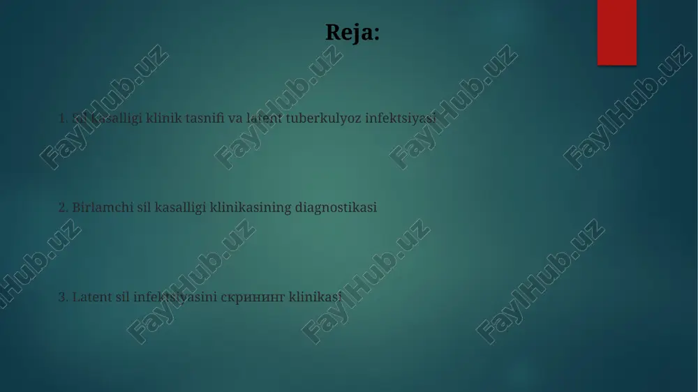 shga bag'ishlangan muhim bo'limdir. kirishda o'zbekistonda tb kasalligi bilan bog'liq epidemiologik vaziyatga, 2023 yil holatiga ko'ra, kasallanish darajasi va tarqalish tendentsiyalariga qisqacha to'xtalib o'tiladi. sil kasalligi nima? sil kasalligi mycobacterium tuberculosis bakteriyasi keltirib chiqaradigan yuqumli kasallik bo'lib, ko'pincha o'pkaga ta'sir qiladi, ammo boshqa organlarga ham tarqalishi mumkin. silning latent shakli mavjud bo'lib, unda bakteriyalar organizmda yashaydi, ammo kasallik alomatlari yo'q va odam kasallikni yuqtirmaydi, lekin aktiv silga o'tishi mumkin. yashirin tb infeksiyasining tarqalishi yashirin tb infeksiyasi (ltbi) tarqalishi dunyo bo'ylab 25% ni tashkil etadi, ya'ni 2 milliarddan ortiq odam mycobacterium tuberculosis bilan zararlangan, lekin kasal emas. o'zbekistonda yashirin tb infeksiyasining tarqalishi, ayniqsa oiv bilan kasallanganlar, diabeti bor bemorlar va tibbiyot xodimlari kabi xavf guruhlarida yuqori (15-30%). birlamchi tb ning belgilari birlamchi tuberkulyozning asosiy belgilaridan biri isitma bo'lib, u 37,5 dan 38 daraja selsiygacha ko'tarilishi mumkin, ayniqsa kechqurun seziladi. birlamchi tbda tez-tez uchraydigan simptom - bu 2-3 haftadan ortiq davom etadigan …