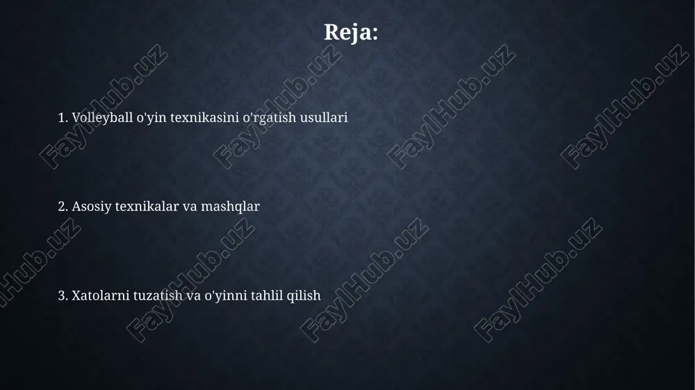 tezligi va yo'nalishi muhim rol o'ynaydi. sakrash balandligi va zarba berish nuqtasi 2.5-3 metrdan yuqori bo'lishi kerak, bunda to'pga maksimal kuch bilan ta'sir etish uchun qo'lning holati muhim ahamiyatga ega. blok qo'yish texnikasi blok qo'yishda qo'llar to'rga yaqin bo'lishi, lekin unga tegmasligi kerak; aks holda, hakam xato qayd etadi, bu jarima balliga olib keladi. sakrashdan oldin, blok qo'yuvchi o'yinchi raqib hujumchisining harakatlarini kuzatishi, taxminan hujum yo'nalishini aniqlashi va shunga mos ravishda joylashishi juda muhimdir. to'pni maydonga kiritish (servis) texnikasi servisda to'pni yuqoriga otish juda muhim, 1-2 soniya davomida ko'z bilan kuzatib, optimal balandlikda (taxminan 30-50 sm) barqaror otishni mashq qilish kerak. kuchli tepa servis uchun tana vaznini orqa oyog'idan old oyog'iga o'tkazish muhim, bu esa zarba kuchini oshiradi va to'pga 45 graduslik burchak beradi. himoya texnikasi (qabul qilish) qabul qilishda tirsaklarni birlashtirish muhim, bunda qo'llar platforma hosil qilib, to'pni 45 gradus burchak ostida yuqoriga yo'naltirish uchun xizmat qiladi. himoya texnikasida …