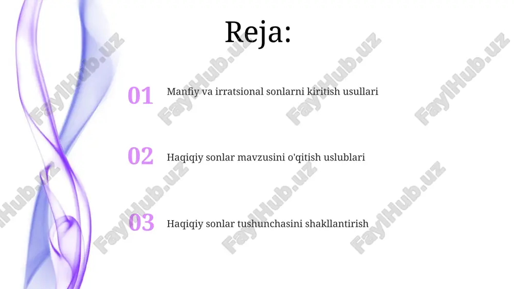 ni tushunish qobiliyatini oshiradi. bu, masalan, 1/3 va 0.333... ni solishtirish orqali amalga oshiriladi. manfiy sonlarning ta'rifi va xossalari har qanday a musbat son uchun, unga mos keluvchi -a manfiy son mavjud, shundayki a + (-a) = 0 bo'ladi. bu xususiyat sonlarning additiv inversligini ifodalaydi. manfiy sonlar, 0 dan kichik bo'lgan haqiqiy sonlardir; ular son o'qida 0 dan chap tomonda joylashgan bo'lib, musbat sonlarning aksi sifatida tushuniladi. irratsional sonlarning ta'rifi va xossalari irratsional sonlar cheksiz davriy bo'lmagan o'nli kasrlar ko'rinishida ifodalanadi, masalan, π ≈ 3.14159... yoki √2 ≈ 1.41421..., bu ularni ratsional sonlardan farq qiladi. irratsional sonlar to'plami (i) algebraik va transsendent sonlarga bo'linadi; algebraik irratsional sonlar (√2, √3) ko'p hadli tenglamaning yechimi hisoblanadi. sonlar o'qida haqiqiy sonlarni tasvirlash sonlar o'qida haqiqiy sonlarni tasvirlashda, har bir nuqta faqat bitta haqiqiy songa mos keladi, masalan, 3.14 yoki ildiz ostida 2, bu sonlar orasidagi uzluksizlikni ko'rsatadi. ratsional sonlarni (masalan, 1/2, 0.75) sonlar …