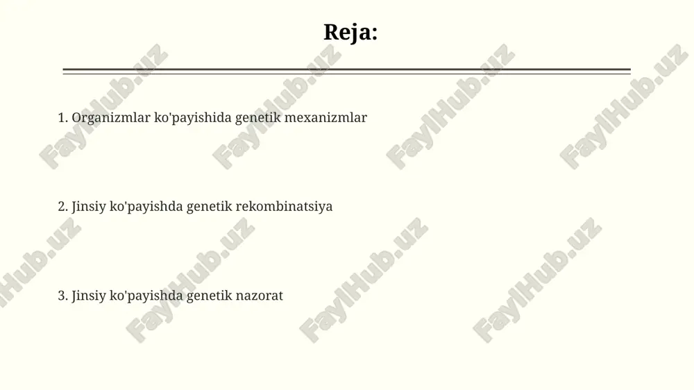 lik bilan xatoliklarni kamaytiradi. genetik ma'lumot avloddan avlodga o'tishida, dnk replikatsiyasi xromosomalarni ikki barobar ko'paytiradi, natijada har bir yangi hujayra to'liq genetik ma'lumotga ega bo'ladi. genetik rekombinatsiya va xilma-xillik genetik rekombinatsiya 10 dan 100 gacha genlar almashinuviga olib kelishi mumkin, bu esa yangi genetik kombinatsiyalarni yaratadi va xilma-xillikni oshiradi. bu evolyutsiya uchun asosiy omil hisoblanadi. krossingover paytida gomologik xromosomalarning bo'laklari almashinuvi 2^n xil gametalar hosil bo'lishiga sabab bo'ladi, bunda n - geterozigotali genlar soni, xilma-xillikni oshiradi. konjugatsiya jarayonida bakteriyalar plazmid dnk almashadi, bu esa antibiotiklarga chidamlilik genlarining tez tarqalishiga olib kelishi mumkin, populyatsiyada xilma-xillikni keltirib chiqaradi. jinsiy reproduktsiya va nasldan naslga o'tish meioz bo'linishi natijasida 4 ta haploid hujayra hosil bo'ladi, bunda xromosomalarning 23 tasi ajraladi va naslga o'tishda genetik o'zgarishlar yuzaga kelishi uchun krossingover sodir bo'ladi. jinsiy ko'payishda 2 ta gameta qo'shilib, zigotani hosil qiladi; bu jarayonda genetik materialning rekombinatsiyasi nasldan naslga xilma-xillikni ta'minlaydi va evolyutsiyani tezlashtiradi. fertilizatsiya, ya'ni …