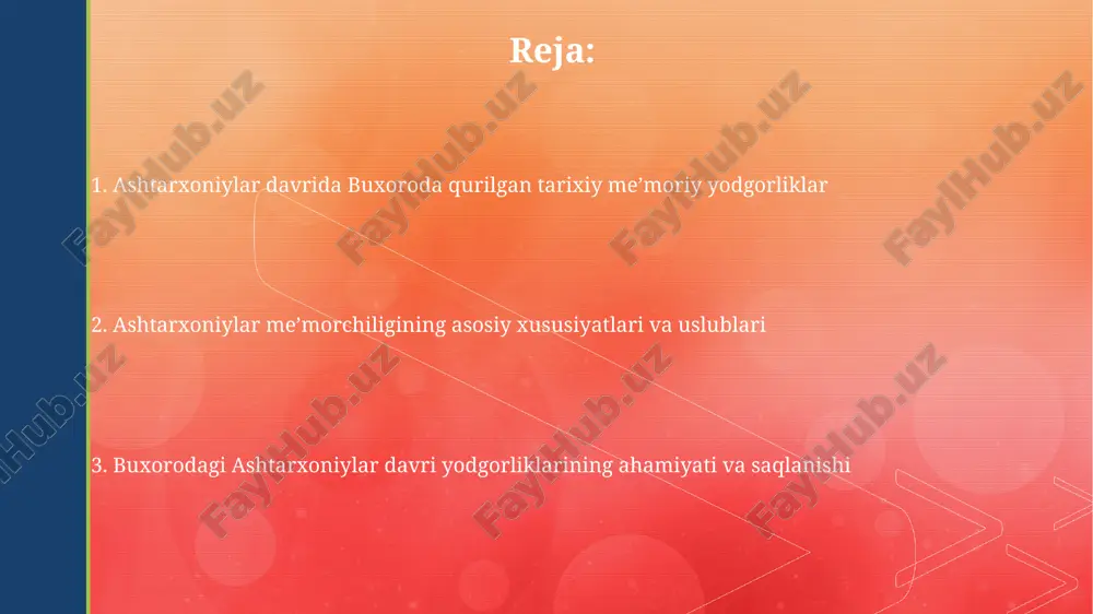 biri turli xil diniy va madaniy elementlarni aks ettiruvchi noyob dizaynga ega. madrasa 1807-yilda xalifa niyozqul tomonidan qurilgan bo'lib, o'zida markaziy osiyo va hindiston me'morchiligining 4 ta uslubini mujassamlashtirgan. fayzobod xonaqohi: tasavvufiy me'morchilik namunasi fayzobod xonaqohi 1598-1702 yillarda bunyod etilgan boʻlib, ashtarkhoniylar davrining yorqin namunasi sifatida oʻziga xos meʼmoriy uslubni namoyon etadi. xonaqohdagi murakkab gumbazlar tizimi va bezaklarida tasavvufiy ramzlarning aks etishi, oʻsha davr diniy e'tiqodlarini chuqur anglatadi. go'kushon madrasasi: tarixiy ahamiyati va san'ati go'kushon madrasasi 17-asrda, ashtarkhoniylar davrida qurilgan bo'lib, o'sha davr me'morchiligining muhim namunasi hisoblanadi hamda diniy ta'lim markazi bo'lgan. madrasa qurilishida g'isht terish san'ati va geometrik naqshlar keng qo'llanilgan, bu esa ashtarkhoniylar davridagi me'moriy didni namoyon etadi. buxoro hammomlari: ashtarxoniylar davridagi gigiyena va me'morchilik ashtarxoniylar davrida buxoro hammomlari nafaqat gigiyena uchun, balki 16-17-asrlarda aholining ijtimoiy hayotida muhim rol o'ynagan, turli tabaqa vakillari uchun uchrashuv joyi bo'lgan. hammomlar, odatda, gumbazli tuzilishga ega bo'lib, 3-4 xonadan iborat edi: sovuq, …