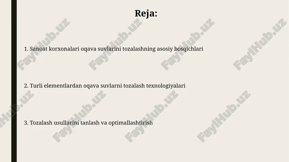 anik moddalarni 99.5% gacha olib tashlaydi, lekin yuqori bosim talab qiladi (2-10 mpa). muammoni hal qilish va monitoring muammoni aniqlashda 5w1h usuli (kim, nima, qachon, qayerda, nima uchun, qanday) keng qo'llaniladi, sabablarni tahlil qilish va yechim topish uchun muhimdir. monitoring tizimida ph, harorat va oqim tezligi kabi 3-5 ta asosiy ko'rsatkichlarni o'lchash, suv sifatini nazorat qilish va me'yorlardan chetlanishni aniqlash uchun zarur. xulosa xulosa shuni ko'rsatadiki, sanoat korxonalari oqava suvlarini tozalashda kombinatsiyalangan biologik va kimyoviy usullar 95% gacha samaradorlikni ta'minlaydi. tahlillar shuni ko'rsatdiki, elektrokoagulyatsiya texnologiyasi og'ir metallarni olib tashlashda an'anaviy cho'ktirish usullaridan 20% ga ko'proq samaraliroqdir. e'tiboringiz uchun rahmat image1.png image2.jpg image3.jpg image4.jpg image5.jpg image6.jpg image7.jpg
