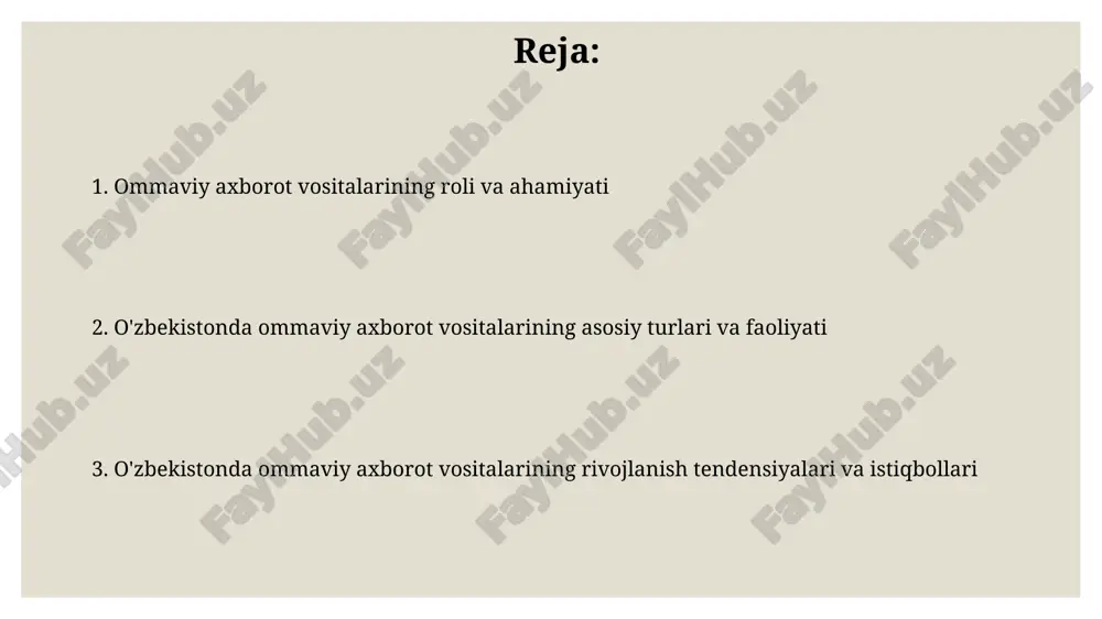ston ovozi' va 'yoshlar ovozi' kabi stansiyalar mavjud bo'lib, turli auditoriyalarga xizmat ko'rsatadi. o'zbekistonda bosma ommaviy axborot vositalari (gazetalar va jurnallar) 2023-yil holatiga ko'ra, o'zbekistonda 600 dan ortiq ro'yxatdan o'tgan gazeta mavjud bo'lib, ularning aksariyati xususiy nashrlar bo'lib, mahalliy yangiliklar va madaniyatga e'tibor qaratadi. respublikada siyosiy, iqtisodiy va madaniy mavzularni yorituvchi 100 ga yaqin jurnal faoliyat yuritadi, ularning ayrimlari o'zbek va rus tillarida chop etiladi. o'zbekistonda onlayn ommaviy axborot vositalari va internet 2024-yilga kelib, o'zbekistonda internet foydalanuvchilarining soni 30 milliondan oshdi, bu mamlakat aholisining sezilarli qismini tashkil etadi va onlayn oavning ahamiyatini oshiradi. o'zbekistonda onlayn oav, jumladan, yangiliklar saytlari va bloglar, asosan o'zbek va rus tillarida faoliyat yuritadi, lekin ingliz tilidagi kontent ham tobora ommalashib bormoqda. o'zbekistonda davlatga tegishli ommaviy axborot vositalari o'zbekiston milliy teleradiokompaniyasi (mtrk) davlatga tegishli bo'lib, 12 ta telekanal va 4 ta radiokanalni o'z ichiga oladi, bu esa mamlakat bo'ylab keng auditoriyani qamrab oladi. «xalq soʻzi» va …