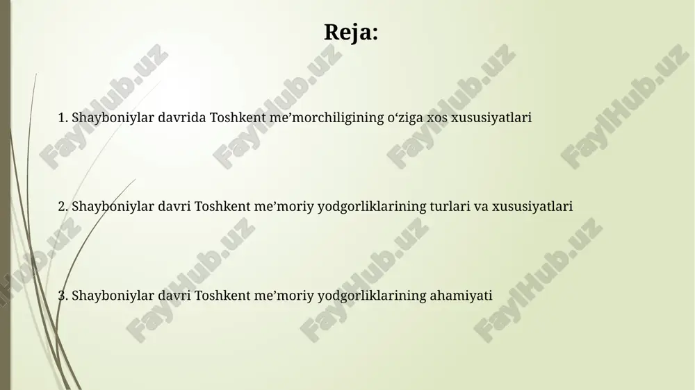 lar mujassam bo'lib, g'isht terish san'ati va geometrik naqshlar uyg'unlashgan, bu davr uchun xosdir. xoja ahror vali masjidi: shayboniylar davridagi ahamiyati xoja ahror vali masjidi shayboniylar davrida ta'lim markazi sifatida xizmat qilgan, madrasalarda diniy va dunyoviy bilimlar chuqur o'rgatilgan, 16-asrda ilm-fan rivojiga hissa qo'shgan. masjid shayboniylar davrida siyosiy ahamiyatga ega bo'lgan. u yerda davlat arboblari uchrashuvlar o'tkazib, muhim qarorlar qabul qilgan, shayboniylar hukmronligini mustahkamlashga xizmat qilgan. shayboniylar davridagi boshqa masjid va maqbaralar ko'kaldosh madrasasi xvi asrda shayboniylar davrida qurilgan bo'lib, dastlab masjid sifatida faoliyat yuritgan, keyinchalik madrasaga aylantirilgan, bugungi kunda esa tarixiy yodgorlik hisoblanadi. xoja ahror vali masjidi xv asr oxirida shayboniylar hukmronligi davrida barpo etilgan bo'lib, o'zining monumental me'morchiligi va diniy ahamiyati bilan diqqatga sazovor. toshkent shayboniylar me'morchiligida bezak elementlari shayboniylar davrida bezaklarda 16-asrning o'rtalariga xos bo'lgan islimiy naqshlar keng qo'llanilgan, geometrik shakllar bilan uyg'unlashgan, bu esa binolarga o'ziga xoslik bag'ishlagan. toshkent shayboniylar me'morchiligida sirkorlangan g'ishtlardan foydalanish orqali yuzalarga …