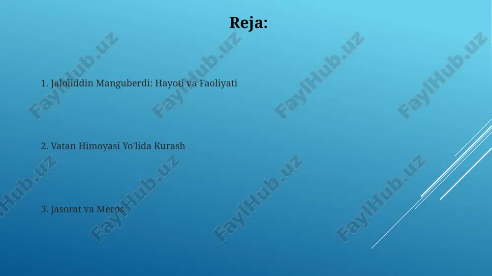 ratini koʻrsatdi, uning qoʻshinlari soni moʻgʻullardan kam boʻlishiga qaramay, strategik ustunlik va taktik mahorat orqali dushmanni magʻlub etishga muvaffaq boʻldi. hindistonga safar va kurash jaloliddin 1221-yilda hindistonga yetib keldi va u yerda dehli sultonligi bilan aloqa o'rnatdi, ammo o'zaro manfaatlar to'qnashuvi tufayli mustahkam ittifoq tuzilmadi. u 1222-1228 yillarda hindistonda bo'lgan davrida mahalliy hokimlar bilan jang qilib, panjob hududida o'z ta'sirini o'rnatishga harakat qildi, lekin muvaffaqiyatga erisha olmadi. jaloliddinning kavkazdagi faoliyati jaloliddin kavkazda 1225-yilda gruziya ustidan gʻalaba qozonib, tbilisini egalladi va bu uning mintaqadagi siyosiy taʼsirini sezilarli darajada oshirdi hamda oʻz hokimiyatini mustahkamlashga xizmat qildi. 1230-yilda jaloliddin ahlat shahrida ayubiylar va saljuqiylar qoʻshma kuchlariga qarshi hal qiluvchi jangda magʻlubiyatga uchradi. bu magʻlubiyat kavkazdagi uning harbiy kampaniyasining yakuniga turtki boʻldi. eron va ozarbayjonni himoya qilish jaloliddin xorazmshoh 1225-yilda eron va ozarbayjonni moʻgʻullardan himoya qilish uchun jiddiy harakat boshladi, lekin bu uning asosiy maqsadlaridan biri emas edi. uning strategiyasi ozarbayjon va eronning shimoliy …