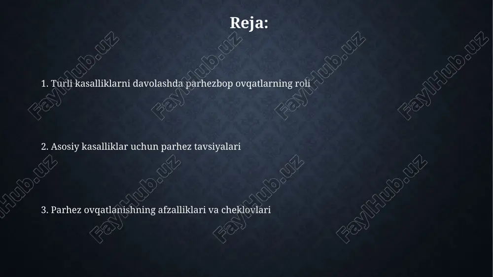 t suyuqliklar (masalan, suv yoki zaif choy) iste'mol qilinadi. surunkali kolitda, 5-sonli parhez (pevzner klassifikatsiyasi) fermentatsiya jarayonlarini kamaytirishga va ichak harakatini normallashtirishga yordam beradigan xun tolalariga boy ovqatlarni o'z ichiga oladi. saraton kasalligi saraton kasalligini davolashda ma'lum o'simlik asosidagi mahsulotlar, masalan, kurkumin (turmerikda mavjud) yallig'lanishga qarshi ta'sir ko'rsatib, ba'zi saraton hujayralarining o'sishini sekinlashtirishi mumkin. o'simlik tolasi ko'p bo'lgan dietalar, masalan, 25-30 gramm, ichak saratonining rivojlanish xavfini kamaytirishi mumkin, chunki ular ichak mikrobiomasini yaxshilaydi va toksinlarni yo'qotishga yordam beradi. xulosa xulosa shuni ko'rsatadiki, parhez ovqatlari 2-toifa diabetda qondagi qand miqdorini nazorat qilishda va yurak-qon tomir kasalliklari xavfini kamaytirishda muhim rol o'ynaydi. o'tkazilgan tadqiqotlar shuni ko'rsatdiki, glyutensiz parhezlar çölyak kasalligi bo'lgan bemorlarda ichak sog'lig'ini yaxshilaydi va malabsorbsiya kabi alomatlarni kamaytiradi. e'tiboringiz uchun rahmat image3.jpg image4.jpg image5.jpg image6.jpg image7.jpg image8.jpg image9.jpg