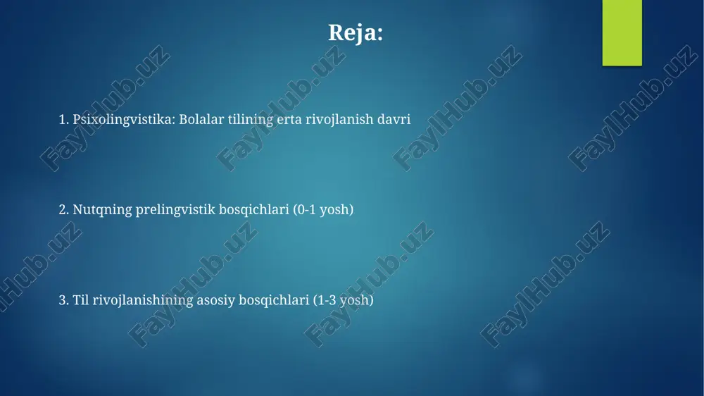 xminan 24 oylikda bolalar telegraf nutqidan foydalanishni boshlaydilar, bu erda muhim so'zlar saqlanib qoladi va grammatik funksiya so'zlari (masalan, 'the', 'is') tashlab ketiladi. nutqni tushunishning rivojlanishi 6 oylikdan 1 yoshgacha boʻlgan bolalar, odatda, oʻz ismlarini taniy boshlaydilar va oddiy koʻrsatmalarni 2-3 ta soʻzdan iborat boʻlsa ham tushuna oladilar. taxminan 18 oylikdan 2 yoshgacha boʻlgan bolalar 50 tadan 200 tagacha soʻzni tushunishlari mumkin, lekin faqat 10-20 tasini soʻzlashlari mumkin, farq taxminan 10 barobar. til rivojlanishiga ta'sir etuvchi omillar bolaning til rivojlanishi erta davrida, genetik omillar muhim rol o'ynaydi, xususan, fox2 genining mutatsiyalari til qobiliyatiga sezilarli ta'sir ko'rsatishi mumkin. oila muhiti, shu jumladan, ota-onaning bolaga kitob o'qib berishi va suhbatlashishi, lug'at boyligini 30% ga oshirishi va grammatik tuzilmalarni o'zlashtirishni tezlashtirishi mumkin. e'tiboringiz uchun rahmat image7.jpg image8.jpg image9.jpg image10.jpg image11.jpg image12.jpg image13.jpg image1.png image2.png image3.png image4.png
