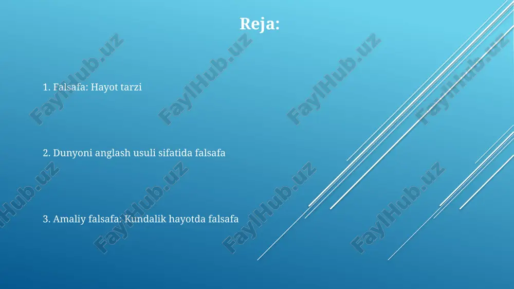 ish kerak. dunyoni tushunishda falsafaning roli falsafa dunyoni tushunishda 3 asosiy savolni ilgari suradi: borliq, bilim va qadriyatlar. bu savollar orqali olamning mohiyatini anglashga intilishadi. falsafiy tafakkur 17-asrda ilmiy inqilobga katta ta'sir ko'rsatdi. ratsionalizm va empirizm kabi oqimlar bilimlarni shakllantirishga yordam berdi. axloq falsafasi 2500 yildan ortiq vaqt mobaynida jamiyatning qadriyatlarini belgilab beradi. u adolat, erkinlik va mas'uliyat kabi tushunchalarni tahlil qiladi. falsafa va fan: o'xshashliklar va farqlar fan 3 asosiy tamoyilga amal qiladi: tekshirilishi, o'lchanishi va takrorlanishi, falsafa esa axloqiy, metafizik va epistemologik savollarga javob berishga urinadi. falsafa va fan ikkalasi ham bilishga intiladi, lekin falsafa 1-navbatda mantiqiy va kontseptual tahlilga, fan esa empirik kuzatuv va tajribaga asoslanadi. falsafa 20-asrda fanning asoslarini o'rganish orqali fanga ta'sir ko'rsatdi, masalan, ilmiy metodologiya va bilim nazariyasiga oid savollar bilan. falsafiy fikrlashning kundalik hayotga ta'siri kunlik qarorlar qabul qilishda, ayniqsa, axloqiy dilemmalarda falsafiy asoslardan foydalanish adolatli va to'g'ri yo'lni topishga 3 karra yordam …