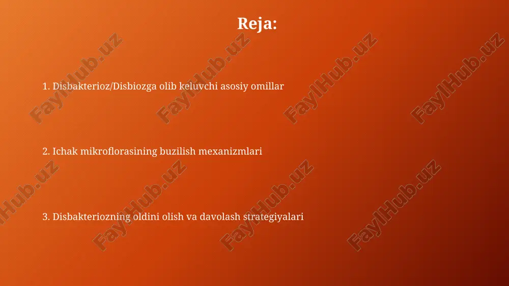 yasi yo'qolishi mumkin. noto'g'ri ovqatlanishning roli noto'g'ri ovqatlanish, masalan, 30% dan kam tolali mahsulotlar iste'mol qilish ichak mikroflorasining muvozanatini buzib, zararli bakteriyalarning ko'payishiga olib kelishi mumkin. ratsiondagi 70% dan ortiq qayta ishlangan mahsulotlar dysbiosisga olib kelishi mumkin, chunki ularda prebiyotiklar kam va bu foydali bakteriyalar uchun ozuqa yetishmasligini anglatadi. immunitet tizimining buzilishi va disbioz immun tizimining zaiflashishi, ayniqsa iga yetishmovchiligi, ichak mikroflorasining 70% immunitetga bog'liq bo'lgan muvozanatini buzadi, disbiozga olib keladi. surunkali yallig'lanish kasalliklari (ibd) immunitetning haddan tashqari faollashuvi tufayli disbakteriozni keltirib chiqaradi, bunda 16s rrna gen tahlili bilan aniqlanadigan bakteriyalar o'zgaradi. surunkali kasalliklar va disbioz surunkali yallig'lanishli ichak kasalliklari (ibd) kabi kasalliklar ichak mikroflorasining tarkibini o'zgartirishi va disbiozga olib kelishi mumkin, bunda patogenlar ko'payadi. qandli diabet 2 tipidagi bemorlarda disbioz ko'proq uchraydi, bu esa glyukoza metabolizmini buzilishiga va insulin rezistentligining kuchayishiga hissa qo'shishi mumkin. stress va psixoemotsional omillar surunkali stress kortizolning yuqori darajalariga olib keladi, bu esa ichak immunitetini …