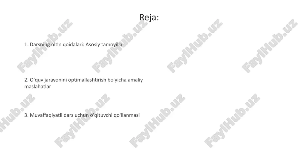 tija, 90% esa a'lo, shuningdek, 10 ballik tizim orqali baholashni ham qo'llash mumkin. differentsiatsiya va inklyuzivlik differensiatsiya – o'quvchilarga individual ehtiyojlariga mos keladigan bir nechta o'quv usullarini taqdim etish, masalan, 3 xil topshiriq darajasi yoki 2 ta o'quv markazi orqali. inkluzivlik, har bir o'quvchining, jumladan, nogironligi bo'lgan 10% talabalar ham ta'lim olish huquqini ta'minlash, ularning ehtiyojlarini qondirish uchun moslashuvlar kiritishdan iborat. reja va tayyorgarlik tayyorgarlik darsning 30% muvaffaqiyatini tashkil etadi; kerakli materiallar, texnologiyalar va resurslarni oldindan tayyorlang. reja darsning 60% muvaffaqiyatini ta'minlaydi; maqsadlar, vazifalar va bosqichlar kabi aniq elementlarni belgilash muhim. e'tiboringiz uchun rahmat image5.jpg image6.jpg image7.jpg image8.jpg image9.jpg image10.jpg image11.jpg image1.jpeg image2.jpeg