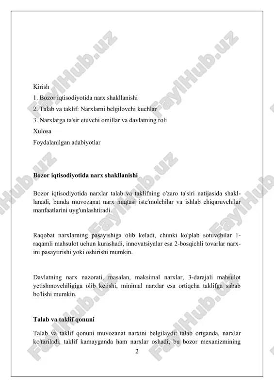 ng boshqa arzonroq tovarlarni sotib olishga qurbi yetmasligi bilan bog'liq. taklifning narxga bog'liqligi taklif hajmi narx bilan bevosita bog'liq: narx oshishi odatda taklif hajmining ortishiga olib keladi, chunki ishlab chiqaruvchilar ko'proq foyda ko'rishni maqsad qiladi. yuqori narxlar mavjud resurslardan samarali foydalanishni rag'batlantiradi va yangi ishlab chiqaruvchilarni bozorda 10% dan 20% gacha ko'proq ishtirok etishga jalb qilishi mumkin. texnologik taraqqiyot tufayli ishlab chiqarish xarajatlari 15% ga kamayishi taklif hajmini oshiradi, bu esa bozorda narxning 5% ga pasayishiga olib kelishi mumkin. bozor muvozanati bozor muvozanati sharoitida talab va taklif miqdorlari tenglashadi, natijada muvozanatli narx (pe) va muvozanatli miqdor (qe) aniqlanadi, bu esa optimal resurs taqsimotini ta'minlaydi. talab egri chizig'i (d) va taklif egri chizig'i (s) kesishgan nuqta bozor muvozanatini ifodalaydi, bu yerda ortiqcha talab (narxlar past bo'lganda) yoki ortiqcha taklif (narxlar yuqori bo'lganda) yo'q. muvozanat holatidan chetga chiqish, masalan, hukumat aralashuvi (narx chegaralari) yoki tashqi omillar (texnologik o'zgarishlar), yangi muvozanat nuqtasini (p1, …