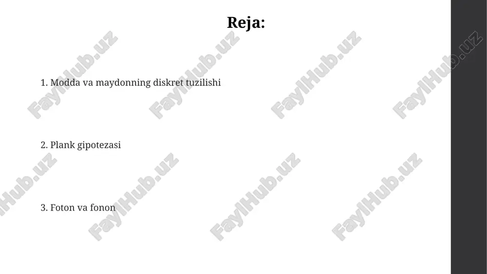 ash shuni ko'rsatadiki, elektromagnit nurlanish energiyasi planck konstantasi (h ≈ 6.626 x 10^-34 js) ga proporsional bo'lgan diskret 'kvantalar' yoki fotonlar ko'rinishida so'riladi yoki chiqariladi. energiya kvantlari: plankning konstantasi plank doimiysi (ħ ≈ 1.0545718×10⁻³⁴ j⋅s) energiya kvantining minimal miqdorini belgilaydi, bu esa elektromagnit nurlanishning uzluksiz emasligini ko'rsatadi. energiya kvantlari e=hν formula orqali chastota (ν) bilan bog'langan, bu yerda h - plank doimiysi bo'lib, energiya diskret paketlarda tarqalishini anglatadi. plank doimiysi kvant mexanikasida asosiy rol o'ynaydi, atomlar va subatom zarrachalarning xatti-harakatlarini tavsiflashda, xususan, energiya sathlari aniq bo'lganda. foton: yorug'likning zarracha tabiati fotonning energiyasi uning chastotasi (ν) bilan toʻgʻri proporsional boʻlib, e = hν formula orqali ifodalanadi, bu yerda h – plank doimiysi (taxminan 6.626 x 10^-34 j·s) hisoblanadi. foton – bu elektromagnit nurlanishning elementar zarrachasi boʻlib, uning tinchlikdagi massasi nolga teng va spin qiymati 1 ga teng boʻlgan, bu uning barcha xususiyatlarini belgilaydi. fotonlar, dualizm xususiyatiga ega, ya'ni ular ham to'lqin, …