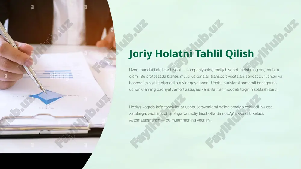 buxgalterlash hisobot standartlari ifrs va gaap standarti bo'yicha uzoq muddatli aktivlar yil davomida qaydlanishi kerak. avtomatik sistema ushbu standartlarga to'liq muvofiqlikni ta'minlaydi. soliq mexanizmi o'zbekiston respublikasining soliq qonunlari turli aktivlar uchun turli amortizatsiya stavkalarini belgilaydi. avtomatlashtirish bu talablarning to'liq bajarilishini kafolatlab beradi. audit va kuzatuv tashqi auditorlar va davlat organlari avtomatik tizim yordamida tuzilgan hisobotlarga ko'proq ishonadi, chunki ularning aniqligini tekshirish oson bo'ladi. 6 integratsiya va data migratsiyasi 01 mavjud tizimdan ma'lumot ekstrakti barcha aktivlarning to'liq katalogi va ularning xususiyatlari eski tizimdan chiqariladi. bu jarayon ehtiyot nusxalar bilan amalga oshiriladi. 02 ma'lumotlarni tozalash va standartlashtirilishi noto'g'ri va takroriy ma'lumotlar o'chiriladi, barcha ma'lumotlar yagona formatga keltirilib, yangi tizimga tayyorlanadi. 03 sinov muhiti va validatsiya migratsiya dastlab sinov muhitida amalga oshiriladi. barcha hisoblar tekshiriladi va tasdiqlanadi, xatoliklar aniqlanadi va tuzatilib, so'ng ishlab chiqarish tizimiga ko'chiriladi. 7 ekonomik faydani hisoblash 40% operatsion xarajatlar kamaytirish avtomatlashtirish orqali hisob-kitob va buxgalterlash xarajatlari 40 foizga kamayadi …