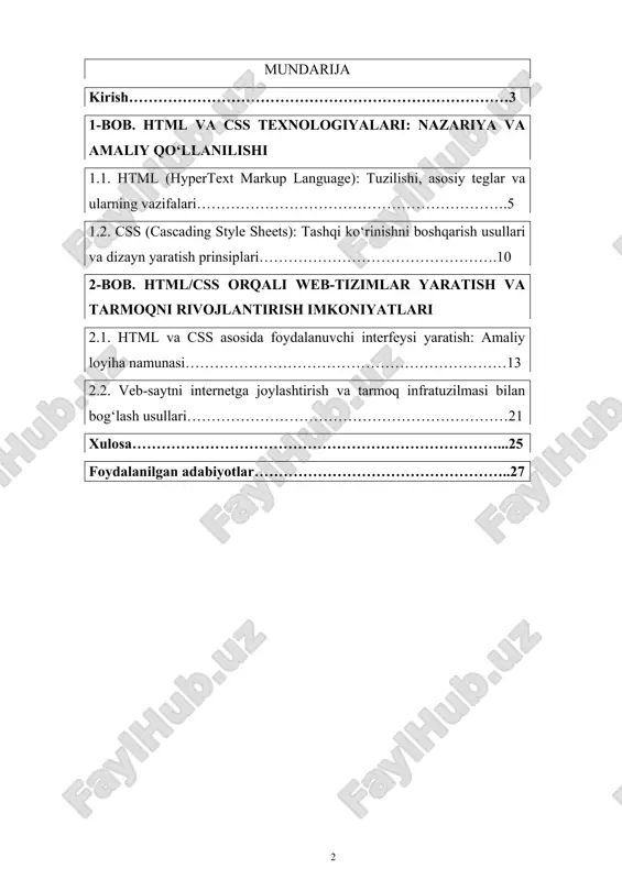 i qarorida raqamli savodxonlikni oshirish, veb-ishlanmalar bo‘yicha kadrlar tayyorlash, yoshlarni it sohasiga jalb etish muhim vazifa sifatida belgilangan. shuningdek, 2020–2023-yillarda amalga oshirilgan “raqamli o‘zbekiston — 2030” strategiyasi doirasida tarmoq infratuzilmasini takomillashtirish, axborot resurslari yaratish va ularni zamonaviy texnologiyalar asosida rivojlantirish ustuvor yo‘nalishlardan biri bo‘lib kelmoqda. mazkur kurs ishining dolzarbligi shundaki, u html va css texnologiyalarini nazariy jihatdan o‘rganish, ularni amaliyotda qo‘llash hamda tarmoq imkoniyatlarini samarali rivojlantirish bo‘yicha tizimli yondashuvni taklif etadi. bugungi kunda har bir soha vakili uchun, ayniqsa yosh mutaxassislar uchun veb-ishlanmalarni puxta bilish mehnat bozorida ustunlik kasb etadi. kurs ishi maqsadi html va css texnologiyalarining asosiy imkoniyatlarini nazariy va amaliy jihatdan chuqur o‘rganish, ularni real veb-loyihalar yaratishda qo‘llash hamda tarmoq infratuzilmasi bilan bog‘liq texnik va funksional masalalarni tahlil qilish. kurs ishi vazifalari html va css texnologiyalarining asosiy prinsiplari va imkoniyatlarini o‘rganish; veb-sahifalarning tuzilishini yaratish va dizaynni boshqarish usullarini tahlil qilish; amaliy loyiha sifatida veb-sayt yaratish va uni tarmoqqa …