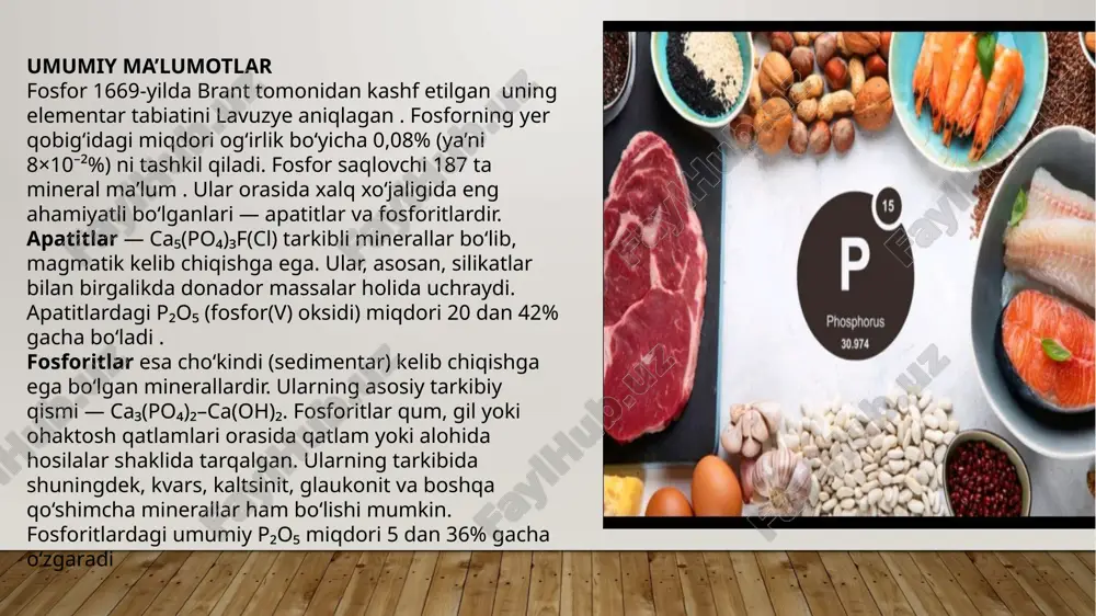 dagi reaksiya asosida 1500°c da ca₃(po₄)₂ dan fosfor olish usulini taklif qiladi: ca₃(po₄)₂ + 3sio₂ + 5c = 3casio₃ + 5co + 2p oq fosfor va uning bug‘lari molekulalari to‘rt atomli bo‘ladi. har bir fosfor atomi molekulada bitta umumlashtirilmagan (erkin) elektron juftiga va o‘z atrofiga joylashgan uchta qo‘shni atom bilan bitta bog‘ga ega bo‘ladi. bu esa tetraedrik tuzilmani hosil qiladi. qizil fosfor oq fosfordan kamroq faollikka ega. u zaharli emas, havoda o‘z-o‘zidan yonmaydi; suvda, efirda, benzolda va oltingugurt uglerodida erimaydi. u suv bug‘lari va havodagi kislorod bilan sekin reaksiyaga kirishadi, natijada fosfin va turli kislorodli kislotalar aralashmasi hosil bo‘ladi. qizil fosfor azot kislotasi, kaliy xlorat yoki kaliy permanganat bilan h₂so₄ (sulfat kislota) ishtirokida oksidlanib, ortofosfor kislotasi hosil qiladi . qizil fosfor fosfor tribromidi va bromid-bromat aralashmasida eriydi . u gallogenlar (masalan, xlor, brom) va oltingugurt bilan oq fosfordan farqli o‘laroq yuqoriroq haroratda reaksiyaga kirishadi va metallarning tuz eritmalaridan ularni cho‘ktirmaydi. …
