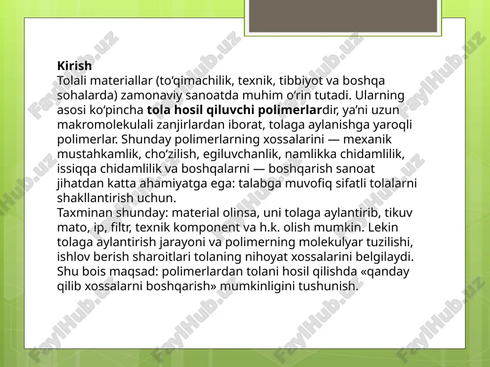 qali. tolalar chiqarilgach, cho‘zish (drawing), sovitish, oriyentatsiya va kristallanish jarayonlari ustida ishlanadi. 2.3 polimerning tolaga mosligi va xususiyatlari tola hosil qiluvchi polimerlar uchun bir qator talablar mavjud: molekulyar massasi yuqori bo‘lishi, zanjir uzunligi yetarli bo‘lishi (masalan ≥ 1000 monomer birliklari) — shu orqali yaxshi mexanik xossalar paydo bo‘ladi. zanjir tuzilishi chiziqli bo‘lishi; tarmoqlanish kam bo‘lishi, chunki tarmoqlanish tolaga aylanishni, molekulalarning yo‘nalishi (orientation) va kristallanishni qiyinlashtiradi. zanjirlar yo‘nalishi (orientation) va kristallanish darajasi tolada kuch va egiluvchanlikni oshiradi. kimyoviy tuzilishi — polimer zanjirida polar polar guruhlar bo‘lishi yoki silliq bo‘lishi tolaning namlikni yutish, bo‘yoqni yutish, kimyoviy chidamlilik va issiqqa chidamlilik jihatidan muhim. shu bilan birga, polimer tolaga aylanish jarayonida yaxshi cho‘zilishi, qayta yo‘nalishi, yaxshi sovuqlik, tez qotish (agar eritma usuli) va boshqa jarayon sharoitlari talab qilinadi. tola hosil qiluvchi polimerlarning asosiy xossalari va ularga ta’sir etuvchi omillar 3.1 asosiy xossalar tolalar uchun muhim xossalar quyidagilar: cho‘zilish kuchi / tenacity (tolani uzatganda qanchalik …