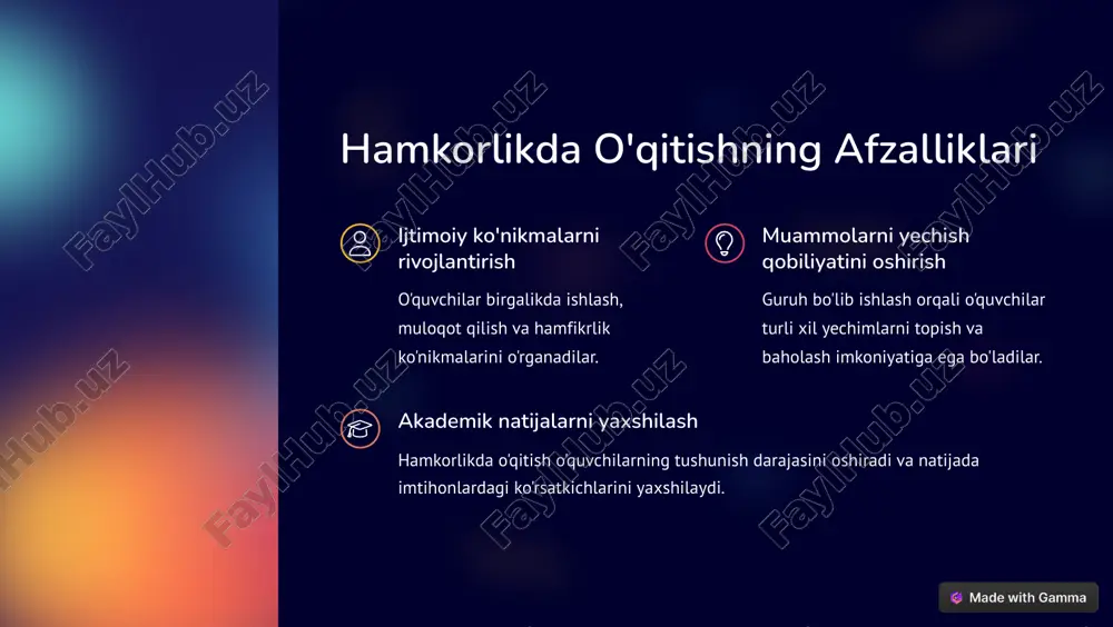 uammolar. yechimlar guruh qoidalarini belgilash. har bir guruh a'zosiga aniq vazifalarni yuklash. texnik yordamni ta'minlash. https://gamma.app/?utm_source=made-with-gamma hamkorlikda o'qitish texnologiyalari: misollar matematika o'quvchilar onlayn hamkorlik asboblari yordamida murakkab masalalarni birgalikda yechishlari mumkin. adabiyot o'quvchilar birgalikda kitoblar yoki maqolalar haqida munozara o'tkazishlari mumkin. tarix o'quvchilar interaktiv doskalar yordamida tarixiy voqealarni vizual tarzda tasvirlashlari mumkin. https://gamma.app/?utm_source=made-with-gamma sun'iy intellekt va hamkorlikda o'qitish sun'iy intellekt hamkorlikda o'qitish jarayonini yanada samaraliroq qilish imkoniyatiga ega. masalan, sun'iy intellekt o'quvchilarga moslashtirilgan vazifalarni taqdim etishi yoki guruh a'zolari o'rtasidagi muloqotni osonlashtirishi mumkin. https://gamma.app/?utm_source=made-with-gamma xulosa va tavsiyalar hamkorlikda o'qitish texnologiyalari ta'lim jarayonini yanada qiziqarli va samarali qilish imkoniyatiga ega. o'qituvchilar ushbu texnologiyalardan o'z darslarida foydalanishlari va o'quvchilarning hamkorlik ko'nikmalarini rivojlantirishga e'tibor qaratishlari lozim. tavsiyalar: hamkorlikda o'qitish texnologiyalarini o'rganish va ulardan o'z darslarida foydalanish. guruh qoidalarini belgilash va har bir guruh a'zosiga aniq vazifalarni yuklash. texnik yordamni ta'minlash. me friends family acquaintances community strangers https://gamma.app/?utm_source=made-with-gamma