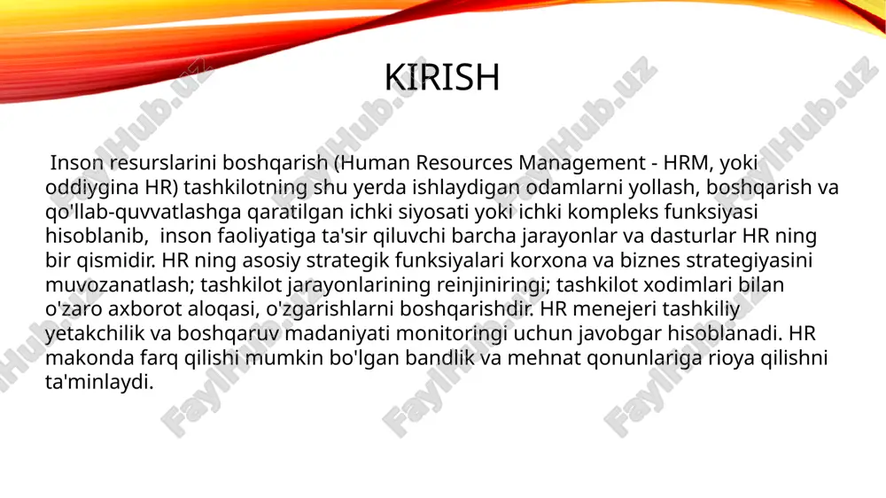 shtirish – hr bo‘limining tezkor javob berishini ta’minlaydi va ish jarayonlarini soddalashtiradi. blokcheyn – xodimlarning shaxsiy ma’lumotlarini xavfsiz saqlash va tasdiqlashda ishlatiladi. masofaviy ish vositalari – slack, microsoft teams, zoom kabi platformalar hr jarayonlarini masofaviy muvofiqlashtirishda muhim rol o‘ynaydi. raqamli transformatsiya va hr raqamli iqtisodiyot sharoitida hr menejmentning roli sezilarli darajada kengaymoqda. endilikda hr bo‘limlari nafaqat xodimlarni boshqarish bilan, balki ularga qulay ish muhiti yaratish, ularning ish faoliyatini samarali baholash, shaxsiy va professional rivojlanishlarini ta'minlashga qaratilgan texnologik yechimlarni joriy qilish bilan shug‘ullanadi. raqamli transformatsiya jarayonlari orqali xodimlarning samaradorligini oshirish, ularni rag‘batlantirish, va tashkilotning umumiy maqsadlariga erishish jarayonlari yanada samarali kechmoqda. raqamli iqtisodiyot zamonaviy jamiyatning asosiy tamoyillaridan biriga aylanib, turli sohalarning rivojlanishida muhim rol o‘ynamoqda. ushbu iqtisodiyot turiga o‘tish jarayonida hr menejment ham jiddiy o‘zgarishlarga uchramoqda. inson resurslarini boshqarish tizimi faqatgina an’anaviy boshqaruv yondashuvlaridan iborat bo‘lmay, balki zamonaviy raqamli texnologiyalar yordamida optimallashtirilgan va innovatsion yechimlar bilan boyitilgan. masofaviy ish va uning …