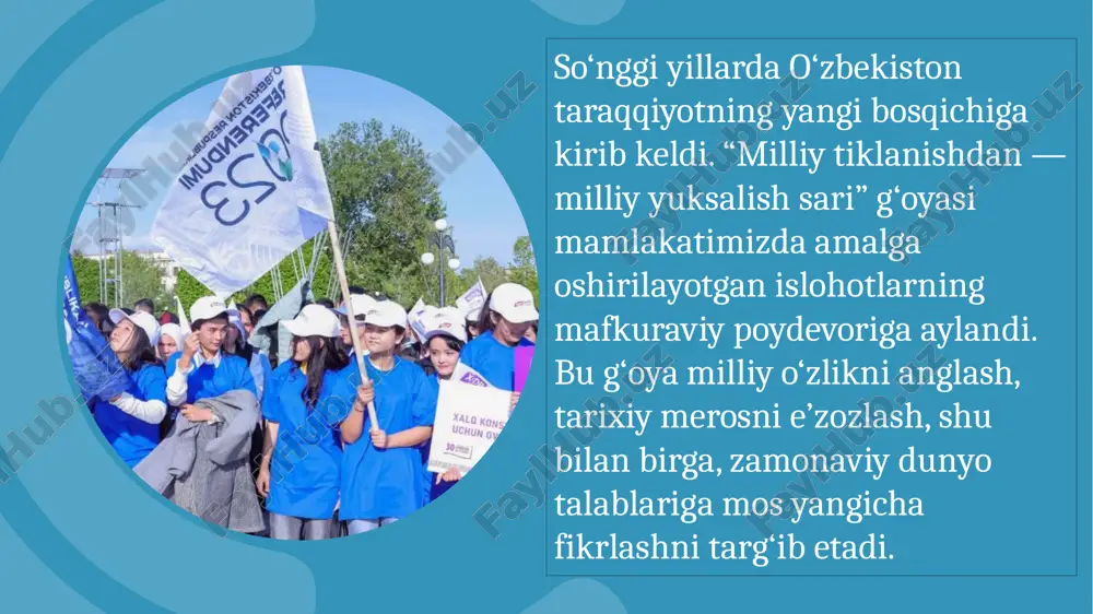 alq davlat idoralariga emas, balki davlat xalqga xizmat qiladi adolat – eng oliy mezon kuchli fuqarolik jamiyati – taraqqiyot kafolati ochiqlik, oshkoralik va mas’uliyatlilik “milliy tiklanishdan – milliy yuksalish sari” shiori o‘zbekistonning bugungi rivojlanish strategiyasining bosh g‘oyasidir. u xalqimizni birlikka, yangilanishga va milliy g‘ururni yuksaltirishga chorlaydi. endilikda tiklanishdan ma’naviy va iqtisodiy yuksalishga o‘tish davri boshlandi. 9 10 milliy yuksalish — bu nafaqat iqtisodiy o‘sish, balki ma’naviy, siyosiy va madaniy taraqqiyotdir. u xalq tafakkuri, ta’lim sifati, ma’naviyat darajasi va fuqarolik mas’uliyatining oshishida o‘z ifodasini topadi. 11 yangi o‘zbekiston – taraqqiyotning uch tayanchi kuchli fuqarolik jamiyati adolatli davlat boshqaruvi yuksak ma’naviyatli shaxs bu uch tayanch milliy yuksalishning asosiy negizini tashkil etadi. yoshlar mamlakat kelajagi va yangilanishning asosiy harakatlantiruvchi kuchidir. ularning ma’naviy barkamolligi, intellektual salohiyati va vatanparvarligi milliy yuksalish yo‘lida hal qiluvchi ahamiyat kasb etadi. shu maqsadda “yoshlar daftari”, “yoshlar parlamenti”, “yoshlar akademiyasi” kabi tashabbuslar amalga oshirilmoqda. 12 yangilanayotgan o‘zbekiston xalqaro hamjamiyatda ishonchli …