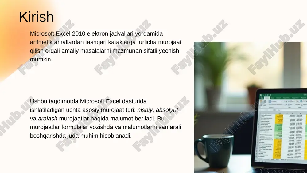 manzilni saqlaydi va ko‘chirishda hech qanday o‘zgarishga uchramaydi. bu usul narxlar, soliq stavkalari yoki doimiy ma’lumotlarni ifodalashda zarur. formulalarda absolyut murojaat formulalarda aralash murojaat aralash murojaatda formulada qatordagi yoki ustundagi adres absolut, ikkinchisi esa nisbiy bo‘lib, murakkab hisob-kitoblar va shartlarga moslashgan formulalar hosil qilishda qo‘llaniladi. bu uslub formulalarning moslashuvchanligini oshiradi. xulosa exceldagi nisbiy, absolyut va aralash murojaatlar formulalar samaradorligini oshirish va ma’lumotlar bilan ishlashda muhim vositalardir. ularni to‘g‘ri qo‘llash ish jarayonini tezlashtiradi hamda ma’lumotlarni aniq va ishonchli qayta ishlash imkonini beradi. foydalanilgan adabiyotlar karimov a., xolmatov s. axborot texnologiyalari va dasturlash asoslari (10–11-sinflar uchun darslik). — toshkent: “o‘qituvchi”, 2019. abduvaliyev sh. kompyuter savodxonligi va ofis dasturlari asoslari. — toshkent: “fan va texnologiya”, 2021. image1.png image2.jpeg image3.jpeg image4.jpeg image5.png /docprops/thumbnail.jpeg