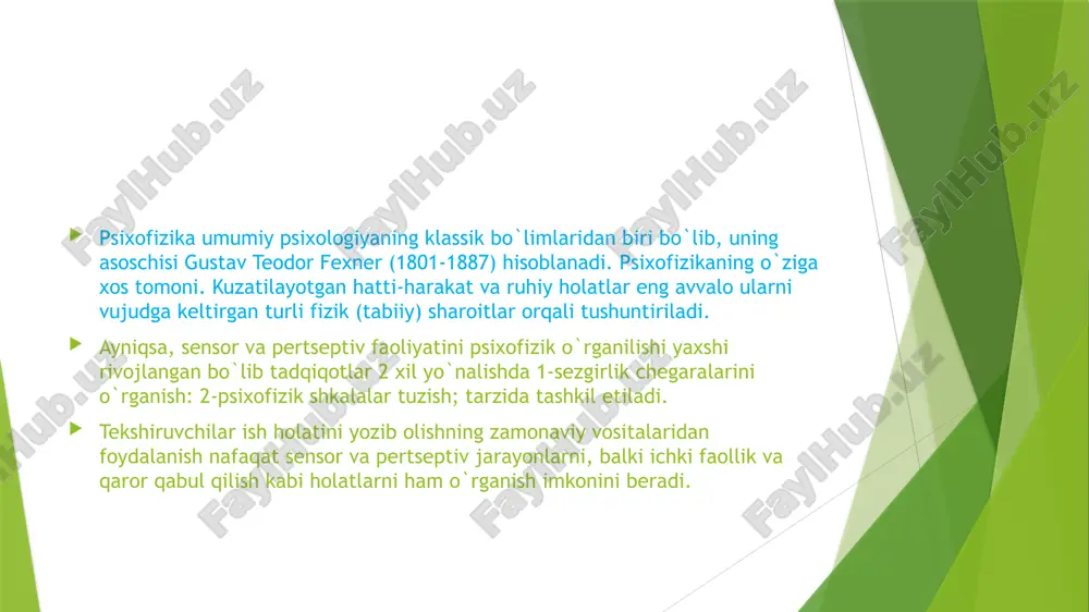rish (sezuvchi tasvir).idrok tashqi stimulning muhim xususiyatlarini aks ettiruvchi ichki tasvirni yaratishga imkon beradi. ushbu neyron modeli haqiqiy stimulga to’liq mos kela olmasligini va har doim undan hech bo’lmaganda ba’zi tafsilotlarda farq qilishini tushunish muhimdir. misol uchun, o’ngdagi rasmdagi kublar haqiqatga yaqin modelni tashkil qiladi, lekin haqiqatda mavjud bo’lolmaydi ... 2) analizatorlar va sensorli tizimlar analizatorlar asab tizimining bir qismi deb ataladi, ular ko’plab maxsus idrok etuvchi retseptorlardan, shuningdek, oraliq va markaziy nerv hujayralari va ularni bog’laydigan nerv tolalaridan iborat. i.p. pavlov analizatorlar ta’limotini yaratdi. bu idrokning soddalashtirilgan ifodasidir. u analizatorni 3 ta zvenoga ajratdi. analizatorning tuzilishi periferik qism (masofadagi) tirnash xususiyati beruvchi va uni asabiy qo’zg’alishga aylantiradigan retseptorlardir. supero’tkazuvchilar bo’limi (afferent yoki hissiy nervlar) – bu retseptorlarda tug’ilgan hissiy qo’zg’alishni uzatuvchi yo’llardir. u qo’shimcha qurilmalar, sozlash tizimlari va o’z-o’zini boshqarish tizimlarini o’z ichiga oladi. sensor tizim miyaning tahlil qiluvchi tuzilmalari va idrok etuvchi qabul qiluvchi apparatlar o’rtasidagi teskari aloqani …