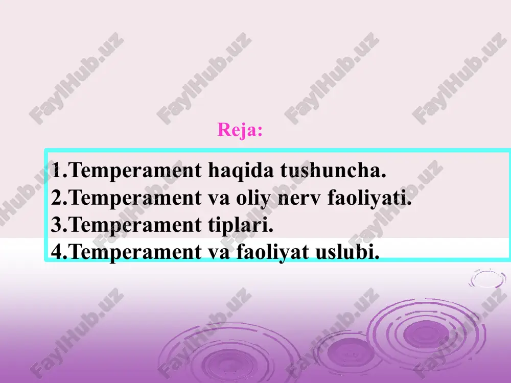 zi qadimgi zamonlardan beri hozirgacha saqlanib kelmoqda. temperament temperament temperament g’oyasini birinchi bo’lib qadimgi rim vrachi gippokrat yaratdi. lekin u temperamentni nerv sistemasini xossasi bilan emas balki organizmdagi suyuqliklar nisbati bilan bog`liqligini ko`rsatgan: qon , o`t, (limfa) ularni u quyidagicha nomladi. sangvinik – qonning ustun kelishi; (lotin tilidagi “sangvis”-qon so‘zidan) flegmatik - limfa balg’am ustun kelishi; (grekcha “flegma”- shilimshiq parda degani); xolerik – sariq o’tning ustun kelishi; (grek tilidagi “xole”-o‘t so‘zidan) melanxolik - qora o’tning ustun kelishi; (grekcha “meloyna xole”- qora o‘t) abu ali jahon madaniyatiga ulkan xissa qo‘shgan buyuk mutafakkir ibn sino ham o‘zining ruhiy jarayonlar haqidagi izlanishlarida «mijoz» masalasiga alohida e’tibor berdi. u buyuk grek olimi gippokratning temperament haqidagi ta’limotini chuqur o‘rgandi «mijoz» haqidagi ta’limotini ishlab chiqdi. adi. ibn sino «mijoz» organizmning ruhiy va jismoniy barqarorligini ko‘rsatadigan ta’sirlarga javobidir deb ko‘rsatdi. u organizmni tashqi ta’sirlarni qabul qilishi va unga javob reaksiyasini berishida mijozni turlichaya’ni issiq, sovuq, quruq, nam, …
