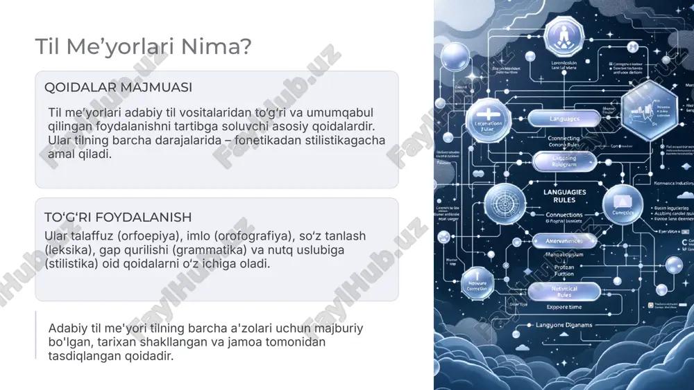 idalari. so‘zlarning to‘g‘ri shakllanishi. stilistik me’yorlar nutq vaziyatiga mos uslubni (ilmiy, rasmiy, publitsistik) tanlash va qo'llash. og‘zaki me’yorlar to‘g‘ri talaffuz (orfoepiya), urg‘u (stress) va ohang (intonatsiya) qoidalariga rioya qilish. yozma me’yorlar imlo (orfoografiya) vatinish belgilarining (punktuatsiya) standartlari 4 nutq madaniyati va me’yorlar o‘zaro aloqasi nutq madaniyati san’ati nutq madaniyati – bu til me’yorlariga ongli ravishda rioya qilish va til boyligidan unumli foydalanish orqali fikrni eng madaniy, aniq va ta’sirchan tarzda ifoda etish san’atidir. til me’yorlari nutqning to‘g‘ri, mantiqan aniq va estetik jihatdan go‘zal bo‘lishini ta’minlaydi. me'yorlarsiz nutq tushunarsiz va pala-partish bo'lib qoladi. to‘g‘rilik grammatik va leksik xatolarsiz nutqni ta’minlash. aniq-tiniqlik fikrni lo‘nda va tushunarli yetkazish, ikki xil talqinga yo‘l qo‘ymaslik. estetika tilning boyligi va go‘zalligidan foydalangan holda nutqning ta’sirchanligini oshirish. 5 til me’yorlari manbalari adabiy til me’yorlari bir kishining xohishi bilan emas, balki til jamiyatining amaliyoti va tilshunoslarning tadqiqotlari asosida shakllanadi va mustahkamlanadi. adabiy asarlar alisher navoiy, abdulla qodiriy, g‘afur …