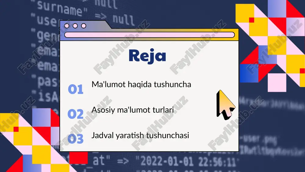 iyatlarga ega: raqamli ma'lumotlar hisoblash uchun, matnli yozish va ko'rsatish uchun, sanalar va vaqtlar formatlash va manipulyatsiya qilish uchun, mantiqiy ma'lumotlar shartli ifodalar va qarorlar uchun. bu ma'lumot turlari dasturlashda muhim rol o'ynaydi. jadval yaratish tushunchasi jadval yaratishning asosiy maqsadi va ahamiyati ma'lumotlarni tartib bilan saqlash va tahlil qilish imkonini yaratishdir. jadval ma'lumotlarni vizual tarzda ko‘rsatadi va ular bilan ishlashni osonlashtiradi. jadval ustunlar va qatorlardan iborat bo‘lib, ustunlar ma'lumotlarning turlarini, qatorlar esa har bir ma'lumot yozuvini ifodalaydi. ustunlar ma'lumotlar bazasining strukturaviy elementlari sifatida xizmat qiladi. jadval yaratish jarayonida avvalo ma'lumot turlarini aniqlash, jadval strukturasini belgilash va so‘ngra ma'lumotlarni kiritish yoki import qilish amalga oshiriladi. bu jarayon dizayn va ma'lumotlarni to‘g‘ri tashkil etishni ta'minlaydi. photo by altumcode on unsplash 1 2 3 jadval yaratish jarayoni jadval yaratish uchun microsoft excel, google sheets yoki access kabi dasturlarni tanlang. data hajmi va tahlil ehtiyojlariga mos dastur bilan ishlash muhim. jadvalni tashkil etishda ustun …