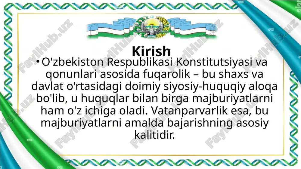 "yoshlarni harbiy-vatanparvarlik ruhida tarbiyalash konsepsiyasi" (2018-yil) asosida amalga oshiriladi. bu konsepsiya yoshlarni vatan himoyasi, milliy g'urur va mas'uliyat ruhida tarbiyalashni maqsad qiladi. vatanparvarlik – bu vatan muhofazasiga qo'llab-quvvatlash, milliy qadriyatlarni hurmat qilish va jamiyat rivojiga hissa qo'shishdir. tarbiyaviy tamoyillar - maqsad: yosh avlodni vatanparvarlik asoslarini shaxsiy axloq sifatida shakllantirish. bu jamiyatning barqarorligi va milliy xavfsizlikka xizmat qiladi. usullar: harbiy-vatanparvarlik tarbiyasi sistemasi, shakllari va uslublari mavjud. masalan, maktab va oliy o'quv yurtlarida maxsus darslar, tadbirlar va "yoshlar – kelajagimiz" dasturi orqali amalga oshiriladi. ahamiyat: prezident shavkat mirziyoyev ta'kidlaganidek, vatanparvarlik tarbiyasi islohotlar jarayonida yoshlarni jalb qilish uchun muhim. u harbiy xizmatchilarni huquqiy madaniyatini yuksaltirishga yordam beradi. masalan, "vatan va vatanparvarlik" mavzusidagi tadbirlarda turli millat vakillari milliy birlikni ta'kidlaydilar. munosib fuqaro bo'lishning amaliy misollari: qonunlarga rioya qilish, madaniy merosni saqlash, ekologik faoliyat va vatan himoyasiga tayyorlanish. bu tarbiya oila, maktab va jamiyatdan boshlanadi. xulosa vatanning munosib fuqarosi bo'lish – bu huquqiy majburiyatlar (konstitutsiya …