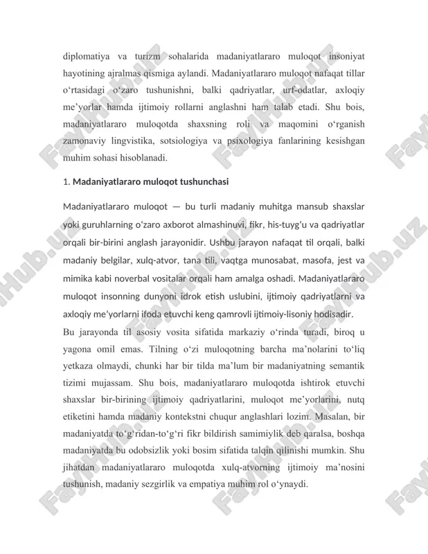 sifatida talqin qilinishi mumkin. shu jihatdan madaniyatlararo muloqotda xulq-atvorning ijtimoiy ma’nosini tushunish, madaniy sezgirlik va empatiya muhim rol o‘ynaydi. madaniyatlararo muloqot nazariy asoslari asosan e. xoll, g. xofsted, f. trompenaars kabi olimlar tomonidan ishlab chiqilgan. e. xoll (edward t. hall) madaniyatni “sokin til” sifatida talqin qilgan va muloqotda yuqori va past kontekstli madaniyatlarni farqlagan. yuqori kontekstli madaniyatlarda (masalan, yaponiya, xitoy, o‘zbekiston) ma’no ko‘proq kontekst, imo-ishora va ijtimoiy vaziyat orqali ifodalanadi. past kontekstli madaniyatlarda esa (aqsh, germaniya, buyuk britaniya) ma’no asosan so‘zlarda mujassam bo‘ladi. g. xofsted esa madaniyatlarni individualizm va kollektivizm, masofa darajasi, noaniqlikka munosabat, va maskulin/feminin qadriyatlar kabi mezonlar asosida tahlil qilgan. u madaniyatlararo farqlar insonlarning qaror qabul qilish, yetakchilik, hamkorlik va muloqot uslubiga qanday ta’sir ko‘rsatishini aniqlagan. f. trompenaars esa madaniyatni “insonlar dunyoni qanday tushunishadi va bu tushunchalar asosida qanday harakat qilishadi” degan nuqtai nazardan o‘rgangan. u madaniyatlararo muloqotni ijtimoiy me’yorlar, qadriyatlar va urf-odatlar darajasida tahlil qilgan. ushbu nazariyalar …