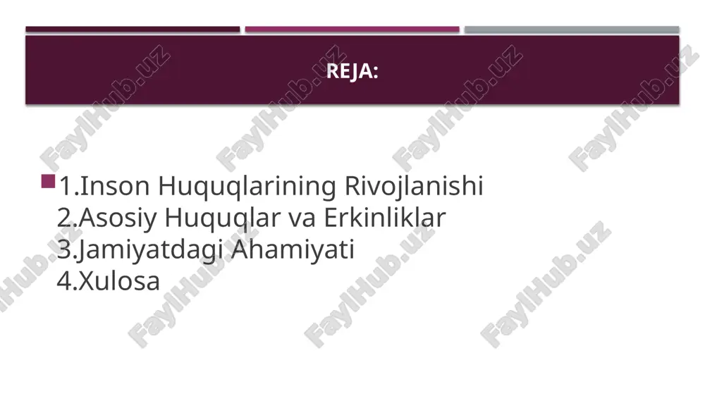 oiy, madaniy va siyosiy sohalarda o'z huquqlarini ro'yobga chiqarish imkoniyati. inson huquqlari – bu insonning tug'ilishidan vafotigacha hamroh bo'lgan erkinliklar. jamiyatdagi ahamiyati inson huquqlari jamiyat poydevori, chunki ular: - asosiy ehtiyojlarni ta'minlaydi: tibbiy yordam, oziq-ovqat, ta'lim va boshpana kabi asosiy ehtiyojlarni himoya qiladi, bu jamiyatning barqarorligini ta'minlaydi. - kamsitishni oldini oladi: jins, irq, din bo'yicha diskriminatsiyaga qarshi, bu esa jamiyatdagi tinchlikni saqlaydi. - axloqiy asos: inson huquqlari madaniyatlar orasidagi axloqiy asos bo'lib, global hamkorlikni rag'batlantiradi. - tinchlik va rivojlanish: huquqlar himoyasi tironlikka qarshi qo'zg'olonlarni oldini oladi va qonun ustuvorligini ta'minlaydi. misollar: norvegiya va islandiya kabi mamlakatlarda inson huquqlariga kuchli e'tibor jamiyatni farovon qilgan. o'zbekistonda oila – jamiyat poydevori deb hisoblanadi, va inson huquqlari oilani himoya qiladi. biroq, muammolar mavjud: masalan, ba'zi mamlakatlarda qiynoqlar yoki kamsitish hali ham kuzatiladi, bu esa bmt tomonidan monitoring qilinadi. jamiyatdagi ahamiyati xulosa xulosa qilib aytganda, inson huquqlari jamiyatning mustahkam poydevori bo'lib, ularsiz erkin va adolatli …