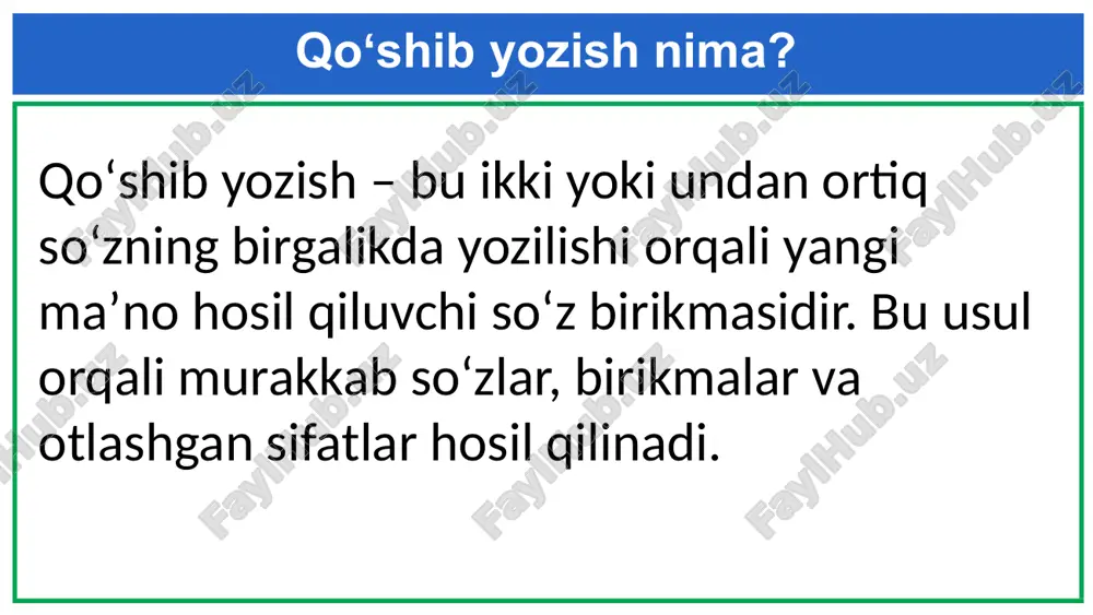‘roz ot + boqar xush + manzara hurmat + talab qabul + xona gul + toji + xo‘roz topshiriq birzumda buyerda harvaqt hammavaqt bir zumda bu yerda har vaqt hamma vaqt harnarsa har narsa 3- mashq qo‘shib yoziladigan so‘zlar ajratib yoziladigan so‘zlar oltiariq, ko‘zoynak, shaharlararo, shirinso‘z, balandparvoz, ishyoqmas... har narsa, shu yerda, hech qachon, bu yoqqa... mustaqil bajarish uchun topshiriqlar: ikkinchi qismi turdosh ot yoki obod so‘zi bo‘lgan qo‘shib yoziladigan so‘zlarga 5 tadan misol yozing. qo‘shib yoziladigan joy nomlariga va ajratib yoziladigan joy nomlariga 10 tadan misol yozing. image1.png image2.png image3.png image4.png image5.png image6.png image7.png image8.png image9.png image10.png image11.png /docprops/thumbnail.jpeg