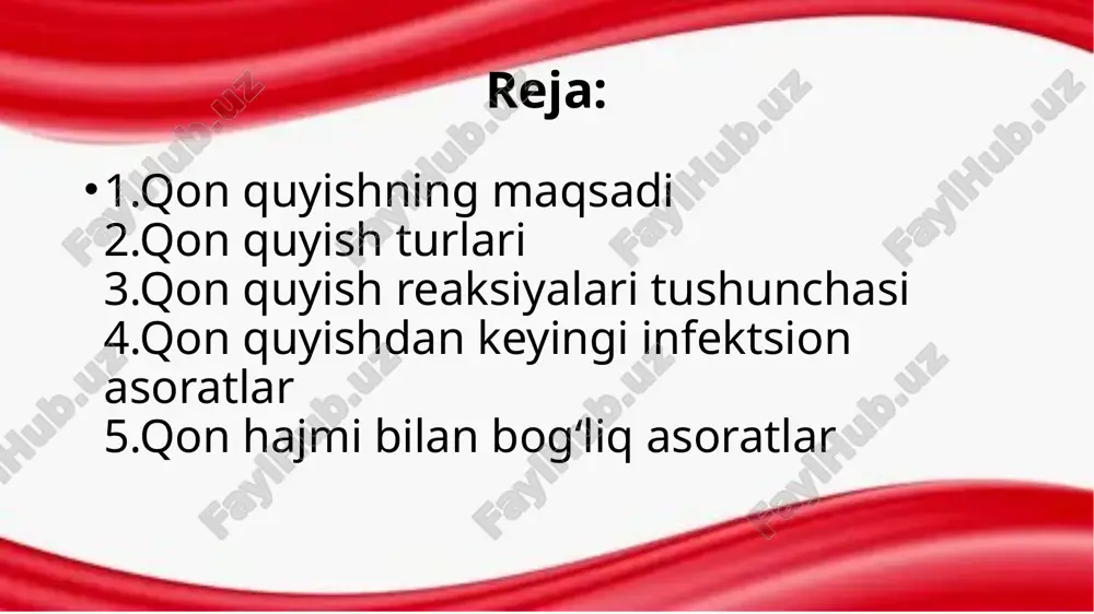 muolajaning muhim bosqichi hisoblanadi. qon quyish reaksiyalari tushunchasi qon quyish reaksiyalari — bu donor qonining bemor organizmiga kiritilishiga javoban yuzaga keladigan patologik javoblardir. ular immunologik yoki noimmunologik tabi’atga ega bo‘lishi mumkin. eng yengil ko‘rinishlarida tana harorati ko‘tarilishi, titroq, holsizlik bo‘lsa, og‘ir holatlarda gemolitik shok, nafas yetishmovchiligi yoki buyrak yetishmovchiligi kabi asoratlar rivojlanadi. gemolitik reaksiyalar gemolitik reaksiyalar eng xavfli turlardan biri bo‘lib, odatda noto‘g‘ri qon guruhi yoki rh nomuvofiqligi natijasida yuz beradi. donor eritrotsitlariga qarshi antitanalar hosil bo‘ladi va ular qon tomirlarida eritrotsitlarni parchalaydi. bu jarayon natijasida gemoglobin qonga ajralib chiqadi, buyraklar orqali filtrlash jarayoni buziladi va o‘tkir buyrak yetishmovchiligi rivojlanishi mumkin. febril reaksiyalar febril yoki isitmali reaksiyalar — donor qonidagi oq qon hujayralariga yoki plazma oqsillariga nisbatan bemorda paydo bo‘ladigan immun javob natijasidir. ular ko‘pincha yengil kechadi va tana haroratining 1–2°c ko‘tarilishi, bosh og‘rishi, umumiy holsizlik bilan namoyon bo‘ladi. bunday reaksiyalarni kamaytirish uchun leykotsitdan tozalangan eritrotsit massasi qo‘llaniladi. allergik reaksiyalar …