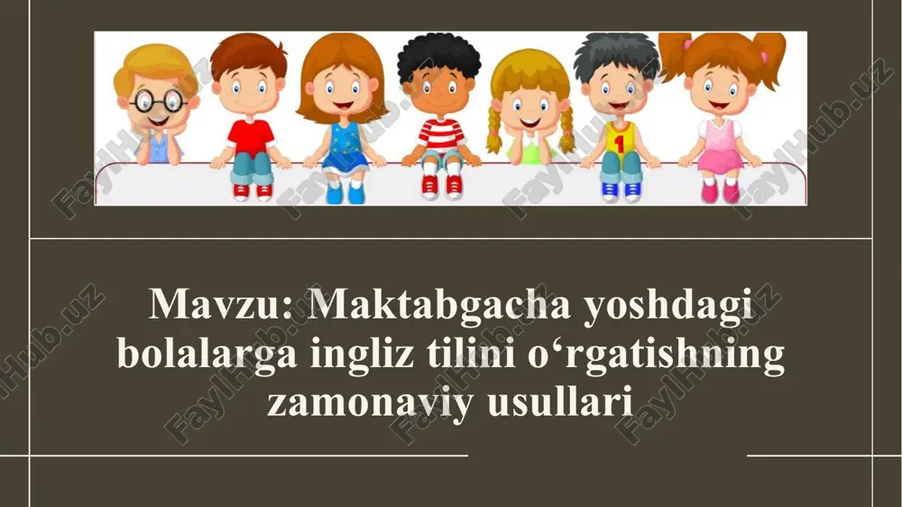 aol muloqot orqali o‘rganadi. mashg‘ulotlarda jonli suhbatlar, dialoglar, “role play” (rolli o‘yinlar) ishlatiladi. audio-vizual metod – bolalar uchun multfilmlar, qisqa videolar, qo‘shiqlar orqali so‘z va iboralarni o‘rganish. 8 9 zagolovok prezentatsii 20gg clil (content and language integrated learning) – ingliz tili boshqa fanlar (tabiat, san’at, matematika) bilan birgalikda o‘qitiladi. steam yondashuvi – o‘yin, tajriba va ijod orqali o‘rganish: “learn by doing”. multimediali texnologiyalar – interaktiv doskalar, mobil ilovalar, 3d tasvirlar, ar (augmented reality) orqali o‘qitish. bular bolalarda nafaqat so‘z boyligini, balki mustaqil fikrlash, ijodkorlik va muloqot ko‘nikmalarini ham rivojlantiradi. 9 o‘yin va interaktiv metodlarning roli maktabgacha yoshdagi bolalar uchun o‘yin — asosiy o‘quv faoliyatidir. ingliz tili mashg‘ulotlariga quyidagi o‘yin elementlari kiritiladi: harakatli o‘yinlar: “simon says”, “what’s the time, mr. wolf?”, “find the color” kabi o‘yinlar. didaktik o‘yinlar: kartochkalar, rasmlar, so‘z juftliklarini topish, tovushni ajratish. musiqiy o‘yinlar: inglizcha qo‘shiqlarni raqs va qo‘l harakatlari bilan birgalikda aytish (“head, shoulders, knees and toes”, …