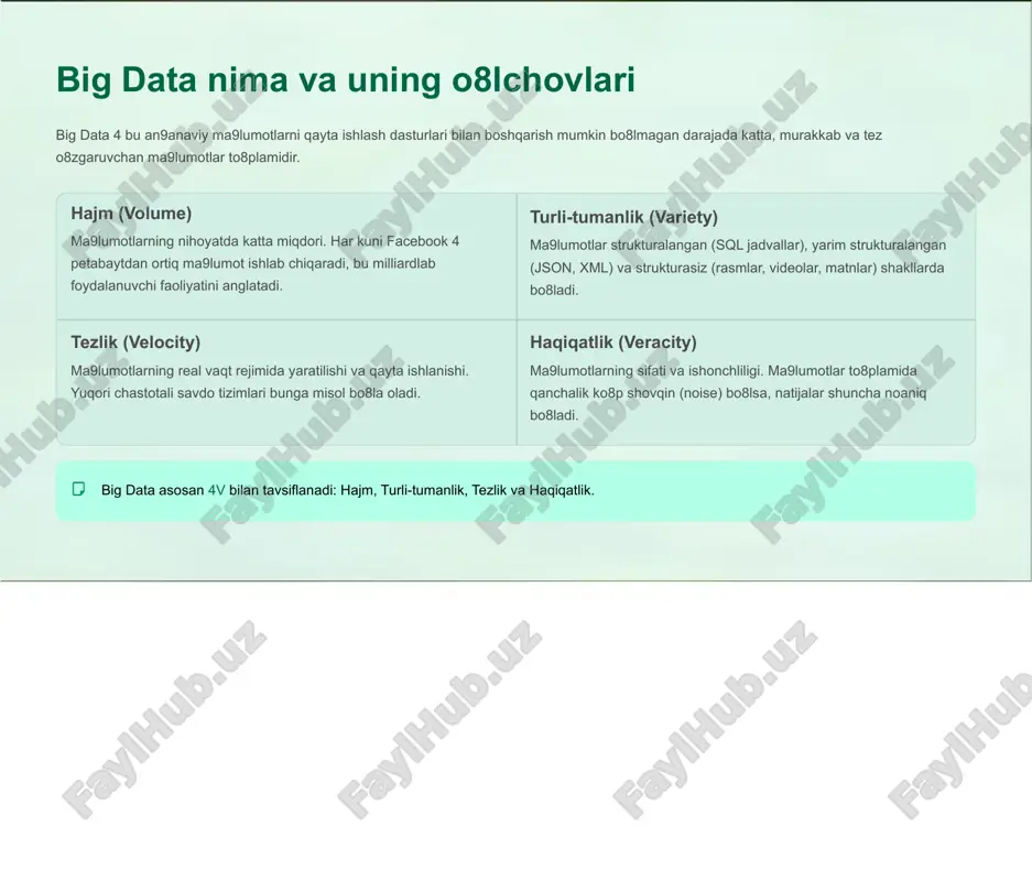 odellari. big data va machine learning: ikki tomonlama tangalar big data va machine learning bir-birini to8ldiradi va zamonaviy sun9iy intellekt ekotizimining ajralmas qismidir. ular o8rtasidagi bog8liqlik oddiy: big data "yoqilg8i": ml algoritmlari samarali bo8lishi uchun ularga katta hajmdagi ma9lumotlar 4 "yoqilg8i" kerak. ma9lumotlar qanchalik ko8p va xilma-xil bo8lsa, model shunchalik aniq va umumlashtirilgan bo8ladi. ml "aql": ml esa katta ma9lumotlardan inson ko8zi bilan ko8ra olmaydigan murakkab, yashirin naqshlarni, tendensiyalarni va korrelyatsiyalarni aniqlaydi. masalan, twitterda kuniga 500 milliondan ortiq tvitlar yaratiladi. ml algoritmlari real vaqtda ushbu katta ma9lumot oqimini tahlil qilib, kayfiyatni (sentiment analysis) yoki trendlarni aniqlaydi. amaliy qo8llanilish: sog8liqni saqlash sohasida inqilob sog8liqni saqlash big data va ml ning eng samarali qo8llaniladigan sohalaridan biridir, ayniqsa diagnostika va bashorat qilishda. kasalliklarni bashoratlash ml modellaridan foydalangan holda, bemorning genetik, turmush tarzi va klinik ma9lumotlari asosida kasallik xavfini oldindan aniqlash mumkin. epidemiyalarni oldindan aniqlash katta ma9lumotlar (social media posts, mobil ma'lumotlar, ob-havo) tahlil …