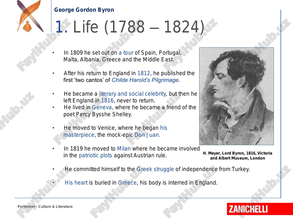 the world. • women cannot resist him, but he refuses their love. performer - culture & literature 4. the byronic hero george gordon byron • byron firmly believed in individual liberty • he hated any sort of constraint • he wished to be himself without compromises • he denounced the evils of society by using satire • his mood and choice of themes were romantic 5. byron’s individualism performer - culture & literature george gordon byron • nature is not a source of consolation and joy. • it does not embody any theory. • it has no message to convey. 6. byron’s view of nature performer - culture & literature the wildest and most exotic natural landscapes reflect the poet’s mood and feelings john keats performer - culture & literature • born in london in 1795. • well educated at a school in enfield. • early passion for reading poetry. …