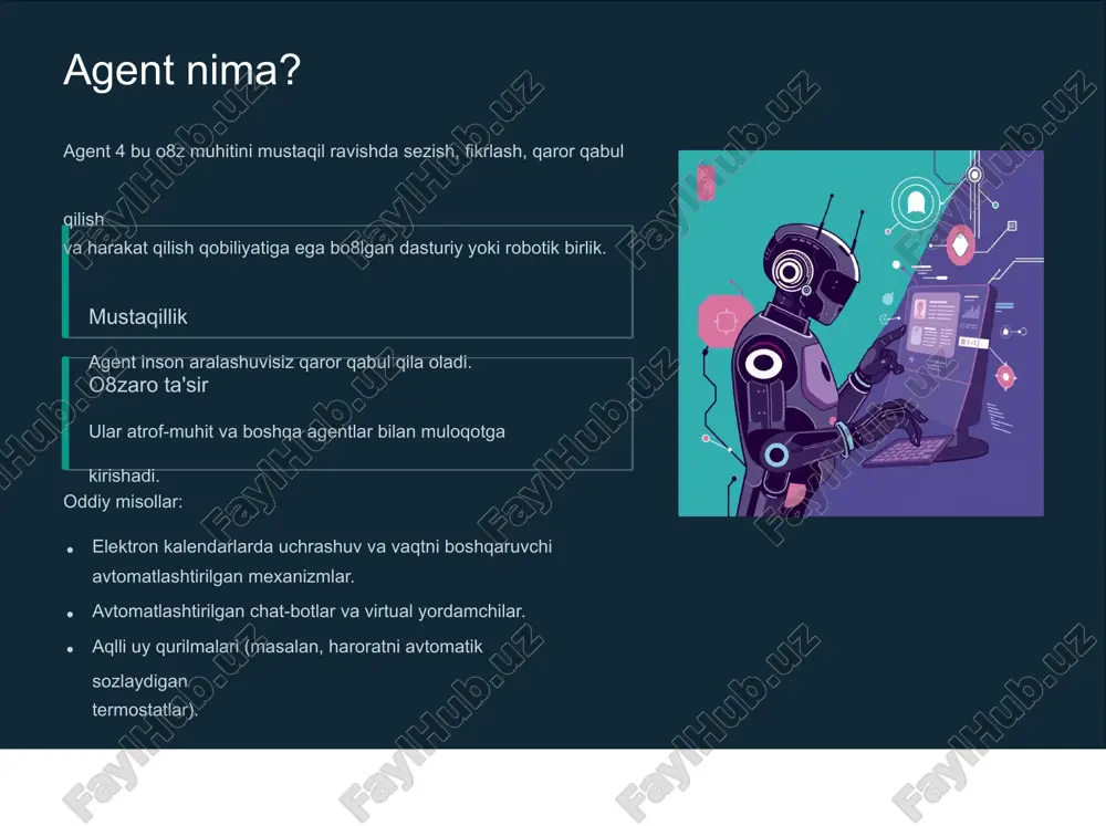 rish rejani amalga oshirish va natijalar haqida hisobot berish. ko8p agentli tizimlar va yagona agentlar farqi yagona agentlar agent faqat bitta vazifaga ixtisoslashgan va muhit bilan cheklangan muloqotga ega. cheklangan ko8lamli muammolar. past darajadagi murakkablik. kengaytirilishi qiyin. ko8p agentli tizimlar (mas) agentlar o8zaro bilim, resurs va vazifalarni almashadi. ular kompleks jarayonlarni avtomatlashtiradi. murakkab va keng ko8lamli vazifalar. yuqori darajadagi moslashuvchanlik. oson kengaytiriladi va o8zgartiriladi. ko8p agentli tizimlarning afzalliklari masni joriy etish korxonalar uchun muhim strategik foyda keltiradi, ayniqsa samaradorlik va hamkorlikni oshirishda. silolarni buzish turli bo8limlar (masalan, marketing va operatsiyalar) o8rtasida uzluksiz ma9lumot almashinuvi va hamkorlikni ta'minlaydi. samaradorlik va avtomatlashtirish agentlar muntazam va takrorlanuvchi jarayonlarni tezda bajaradi, inson xatosini kamaytiradi va vaqtni tejaydi. qaror qabul qilish sifati agentlar katta hajmdagi ma9lumotni tahlil qilib, inson uchun imkonsiz bo8lgan tezlikda yuqori sifatli tavsiyalar beradi. misol uchun, cognizant neuro ai platformasi ko8p agentli yondashuv orqali biznes jarayonlarini 30% gacha optimallashtirishga yordam beradi. amaliy …