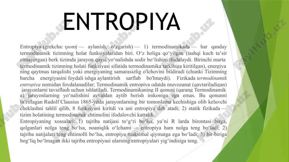 ssalari entropiyaning xossalari: 1) tajriba natijasi toʻgʻri boʻlsa, yaʼni r larda birontasi birga, qolganlari nolga teng boʻlsa, noaniqlik oʻlchami — entropiya ham nolga teng boʻladi; 2) tajriba natijalari teng ehtimolli boʻlsa, entropiya maksimal qiymatga ega boʻladi; 3) bir-biriga bogʻliq boʻlmagan ikki tajriba entropiyasi ularning entropiyalari yigʻindisiga teng. karno sikli entropiya tushunchasi rudolf klauziusning karno siklini oʻrganishi natijasida paydo boʻlgan, bu termodinamik sikl boʻlgan karno issiqlik mashinasi tomonidan qaytariladigan issiqlik dvigateli sifatida amalga oshiriladi. karno siklida qizdiring qh 'issiq' rezervuardan th haroratda izotermik so'riladi (ichida). izotermik kengayish bosqichi) va izotermik issiqlik sifatida qc tc da 'sovuq' rezervuarga berdi. (izotermik siqish bosqichida). karno prinsipi yoki teoremasiga koʻra, ikkita termal rezervuarga ega boʻlgan issiqlik dvigatelidan ish faqat shu rezervuarlar oʻrtasida harorat farqi mavjud boʻlgandagina hosil boʻlishi mumkin va ma'lum bir termal rezervuar juftligi uchun barcha issiqlik dvigatellari orasida ko'p va teng darajada samarali bo'lgan qaytariladigan dvigatellar uchun ish rezervuar harorati va dvigatelga so'rilgan …