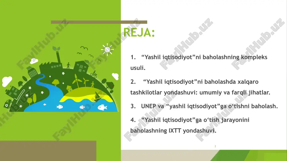 il etgani holda ihtt ahzosi hisoblanmagan yuqori daromadli mamlakatlarda inson kapitalining ulushi 42%ga teng. ushbu holat oxirgi guruh mamlakatlarda iqtisodiy rivojlanish ustun darajada tabiiy resurslar hisobiga tahminlanayotganligidan dalolat beradi. 4 jahon milliy boyligining tarkibida mamlakatlar guruhlarining hissasi, foiz hisobida kapital turlari quyi daromadli mamlakatlar o’rta quyi daromadli mamlakatlar o’rta yuqori daromadli mamlakatlar yuqori daromadli mamlakatlar (ihttga a’zo bo’lmagan) yuqori daromadli mamlakatlar (ihttga ahzolari) jahon jismoniy (asosiy) kapital 14 25 25 22 28 27 tabiiy kapital 47 27 17 30 3 9 inson kapitali 41 51 58 42 70 64 sof xorijiy aktivlar -2 -3 0 5 -1 0 jami milliy boylik 100 100 100 100 100 100 jami milliy boylik, trln. doll. 7,2 70,7 247,8 76,2 741,4 1143,3 jami milliy boylik, aholi jon boshiga, doll. 13629 25948 112798 264998 708389 168580 4 jahon bankining “yashil o’sish”dagi samaradorlik ko’rsatkichlari atrof- muhit atrof-muhit holatini yaxshilash tabiiy ofatlar, oziq-ovqat mahsulotlari narxlari beqarorligi va …