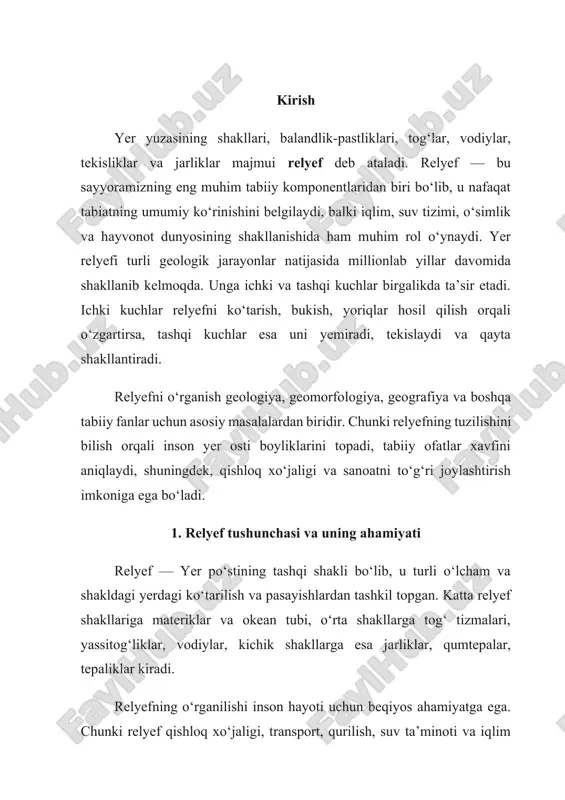 ashuviga ham ta’sir qiladi. neft, gaz, ko‘mir, rudali konlar odatda geologik tuzilma bilan chambarchas bog‘liq bo‘lgan relyef qismlarida joylashgan bo‘ladi. shu bois relyefni o‘rganish tabiat resurslaridan oqilona foydalanish uchun zarurdir. 2. ichki geologik jarayonlar va ularning relyef hosil bo‘lishidagi roli ichki geologik jarayonlar yer ichki qatlamlarida sodir bo‘ladigan, relyefni ko‘taruvchi yoki bukuvchi kuchlardir. bular orasida tektonik harakatlar, vulkanizm va zilzilalar asosiy o‘rin tutadi. tektonik harakatlar yer po‘stining plitalari harakati natijasida vujudga keladi. ular ko‘tarilish (epirogenetik) va bukilish (orogenez) harakatlariga bo‘linadi. tog‘ tizmalari aynan shu jarayonlar natijasida hosil bo‘ladi. masalan, himolay, tyanshan, kavkaz, alp tog‘lari geosinklinal mintaqalarda plitalarning to‘qnashuvi natijasida vujudga kelgan. vulkanizm esa magma yer ichkarisidan yuzaga chiqqanda sodir bo‘ladi. bu jarayon natijasida vulqon konuslari, lava oqimlari, kraterlar hosil bo‘ladi. masalan, italiyaning vezuviy, yaponiyaning fuji, rossiyaning klyuchevskoy vulqonlari bularning yorqin misollaridir. zilzilalar ham relyef shakllanishida muhim o‘rin tutadi. ular yer po‘stining yoriqlari, siljishlari va o‘zgarishlariga olib keladi. ba’zi hollarda zilzilalar …