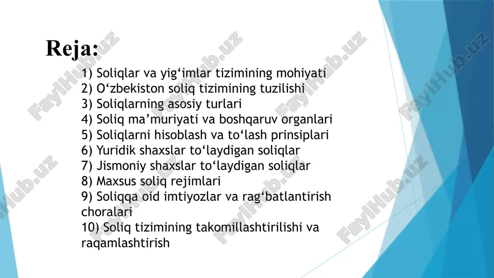 k shaxslarning sof foydasidan olinadi. jismoniy shaxslar daromad solig‘i — fuqarolarning ish haqi va daromadlariga solinadi. qo‘shilgan qiymat solig‘i (qqs) — tovar va xizmatlar qiymatiga nisbatan olinadi. aktsiz solig‘i — spirtli ichimlik, tamaki, yoqilg‘i kabi mahsulotlarga solinadi. mulk va yer soliqlari — jismoniy va yuridik shaxslarning mol-mulkiga solinadi. bu soliqlar davlat byudjeti daromadining asosiy qismini tashkil qiladi. soliq ma’muriyati va boshqaruv organlari o‘zbekiston soliq tizimining boshqaruv organi — davlat soliq qo‘mitasi bo‘lib, u soliqlarni to‘plash, nazorat qilish va tahlil qilish bilan shug‘ullanadi. shuningdek, moliya vazirligi soliq siyosatini ishlab chiqishda muhim rol o‘ynaydi. so‘nggi yillarda elektron tizimlar, masalan, my.soliq.uz platformasi orqali soliq deklaratsiyalarini topshirish va to‘lovlarni amalga oshirish jarayoni soddalashtirilgan. bu soliq intizomini kuchaytirish va korrupsiyani kamaytirishga xizmat qilmoqda. soliqlarni hisoblash va to‘lash prinsiplari soliqlarni hisoblashda asosiy tamoyillar — adalat, soddalik va shaffoflik tamoyillaridir. har bir soliq turi uchun soliq bazasi, stavkasi, to‘lov muddati va imtiyozlar qonunchilikda aniq belgilangan; masalan, qqs …