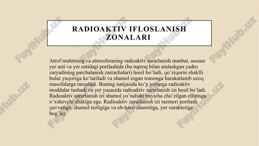 ekspozitsion doza kuvvati 240r/s va 800r/s. ushbu zonada hatto qisqa muddatda (1-2 soat) bo’lganda ham kishilar kuchli nurlanish dozasini oladilar. zararlanish darajasi g zona-o’ta xavfli zararlanish zonasi. tashqi chegarada to’la parchalanish vaqtida ekspozitsion doza 4000 r, bu zonining o’rtasida 10000 r. bir soatdan so’ng ekspozitsion doza quvvati tashqi chegarada 800 r. radiatsiyaga qarshi berkinish joylarida bo’lgan kishilar ham nurlanishdan zararlanishlari mumkin, shu sababli ularni bu zonadan tezroq ko’chirish lozim. yuqori nurlanish zonasi: uzoq vaqt ta’sir oʻlimga olib keladi. o'rtacha nurlanish zonasi: uzoq vaqt ta’sir sog'liqqa jiddiy ta’sir ko’rsatadi. past nurlanish zonasi: uzoq vaqt ta’sir qilishi sog'liqqa ta’sir qiladi. radioaktiv zararlanish zonalari radiatsion sharoitni baholash hududning tuzilmalar faoliyatiga, halq xo’jalik obyektlarining ishiga, hamda sog’liqni saqlash obyektlari ishiga va aholi hayoti faoliyatiga ta’sir qiluvchi radioaktiv zararlanish miqyosi va darajasi tushuniladi. radiatsion sharoitni baholashdan asosiy maqsad uning ishchi-xizmatchilarning ish qobiyatiga, fmtxning tuzilmalari va muassasalari xodimlarining ishiga hamda aholi hayoti faoliyatiga ehtimoliy ta’sirini aniqlashdir. …