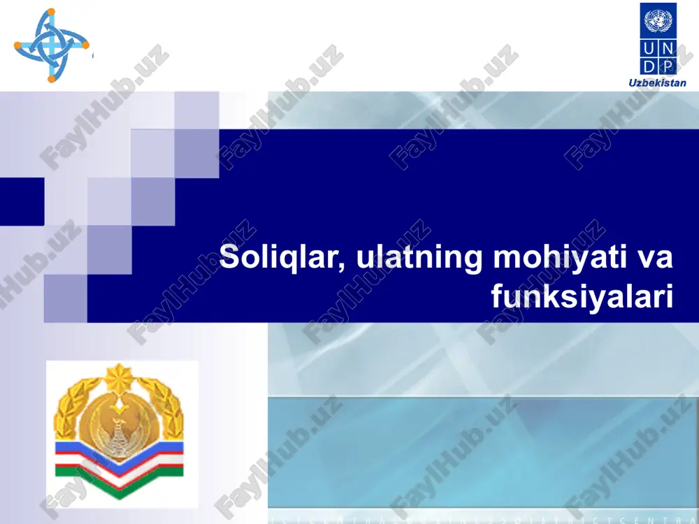 ib borishi bilan soliq stavksining pasayib borishi. umumdavlat soliqlarning amal qilish mexanizmi proporsional soliqqa tortish (qo`shilgan qiymat solig`i). soliq stavkasi doimiy bo`lib, soliq summasi soliq bazasi (sotish aylanmasi)ning o`zgarishiga proporsional ravishda o`zgaradi. progressiv soliqqa tortish (jismoniy shaxslardan olinadigan daromad solig`i). soliq bazasi (daromad)ning ortib borishi bilan soliq stavkasi ham ko`tarilib boradi, soliq summasi esa o`sib boruvchi sur’atlarda (progressiv) ortib boradi. 100 200 300 soliq summasi stavkasi, 20% sotish aylanmasi, mln. so`m, stavkasi 20% 6 10 22% 17% soliq stavkasi 12% eng kam ish haqi, barobar soliq summasi soliqni undirish usullari 1) daromadni, mol – mulklni olgandan keyin undirish (deklaratsiya usuli ); 2) daromadni olishdan oldin undirish (to`lov manbaida ushlab qolish usuli); 3) mol-mulk yoki boshqa boylikdan olinishi mumkin bo`lgan daromadni tashqi belgilari asosida aniqlab, undan soliq undirish (kadastr usuli). soliq (to`lov) ni hisoblash mexanizmi–soliq (to`lov) davri uchun soliq (to`lov) bazasi, stavkasi, imtiyozlaridan kelib chiqqan holda uning summasini hisoblab chiqarish tartib-qoidasi. …