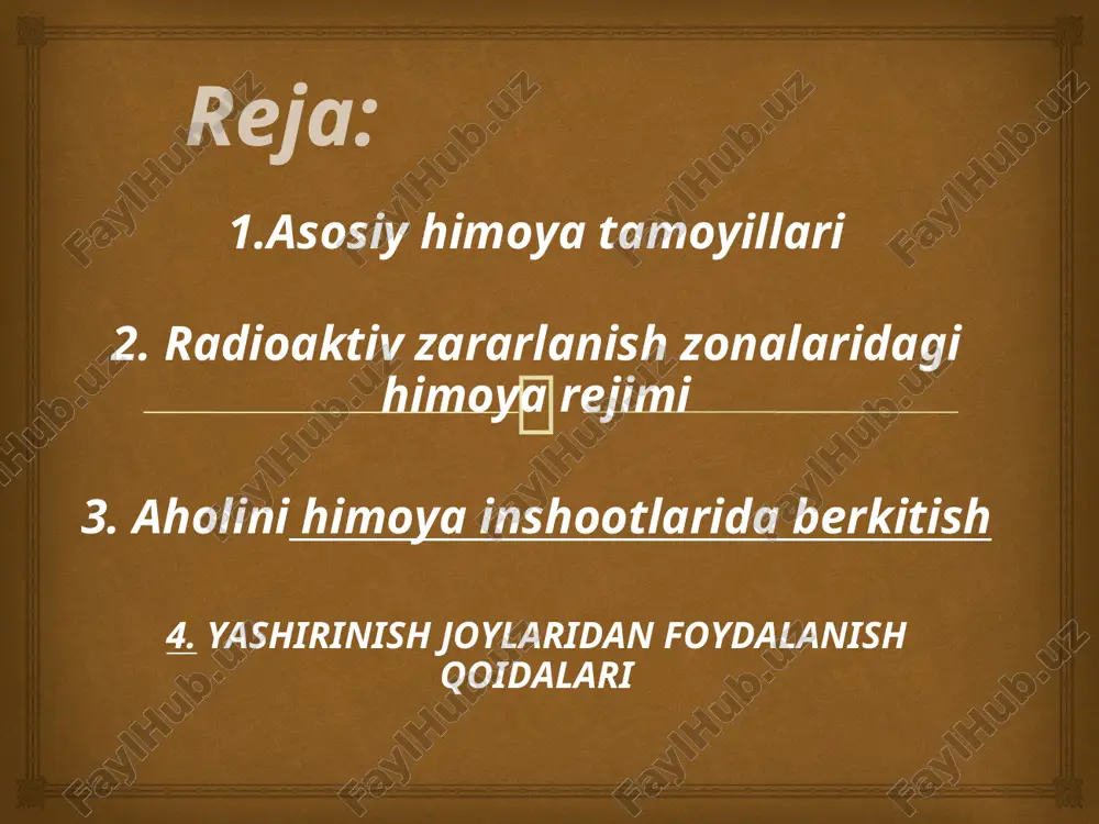 atdagi binoga o’tishga to’rtinchi sutkada ruxsat beriladi, binodan tashqarida bo’lish vaqti chegaralanadi 3-4 soat sutkasida. korxonalar va muassasalar shu jumladan fmtx va fm shtabi o’rnatgan maxsus rejimda ishlashadi. ochiq maydonda ishlash bir necha sutkagacha tugatiladi. -xavfli zararlanish zonasida (v-zona) - odamlarning himoya inshootlarida bo’lishlari 3 sutka va undan ortiq, odatdagi binoga o’tish faqat beshinchi sutkada ruxsat etiladi. -o’ta (favqulotda) xavfli zararlanish zonasida (g-zona), nurlanish dozasining quvvati juda yuqori va odamlarga uzoq vaqt davomida xavf tug’diradi, himoya inshootlarida bo’lish 6 sutkadan oshadi, oddiy binoga o’tish 6-7 chi sutkada ruxsat etilishi mumkin, shu zonadan odamlarni ko’chirish (nurlanish xavfsiz) birinchi iloji topilishi bilan amalga oshirilishi kerak.  aholini ommaviy qirg’in qurollaridan himoya qilishning asosiy usullariga kiradi: -himoya inshootlarida berkitish; -shaxsiy himoya vositalarni qollash - aholini, ishchi-xizmatchilarni shahar chetiga ko’chirish va tarqoq holda joylashtirish; - fm signali bo’lganda aniq harakat qilishga o’rgatish; - o’chog’larda o’z vaqtida qidirish-qutqarish, tiklash ishlarini olib borish  himoya inshootlarida …