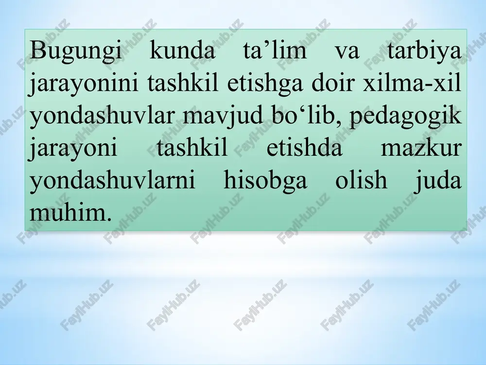 orqali o‘quvchilarda axloqiy qadriyatlar, mas’uliyat hissi va ijobiy xulq shakllari tarbiyalanadi. 2. aksiologik yondashuv. mohiyati aksiologik yondashuvga ko‘ra, inson hayoti va faoliyati – qadriyat deb qaraladi. tarbiya esa shaxsni hayotga tayyorlash, unga shaxsiy qadriyatlar va ijobiy munosabatlarni shakllantirishga qaratilgan. asosiy g‘oya: tarbiya jarayoni — bu qadriyatlarni o‘zlashtirish va ichki ishonchga aylantirish jarayonidir. ya’ni, o‘quvchi nafaqat qadriyatlarni biladi, balki ularni hayotida qo‘llaydi. ahamiyati: shaxsda to‘g‘ri dunyoqarash va axloqiy qadriyatlarga hurmatni shakllantiradi. jamiyat uchun foydali, ijobiy fikrlaydigan faol fuqaroni tarbiyalaydi. “aksiologiya” — bu qadriyatlar haqidagi ta’limot. tarbiyaviy qadriyatlar — bu shaxsni ma’naviy, axloqiy, ijtimoiy va intellektual jihatdan shakllantiruvchi asosiy omillardir. ular o‘zaro bog‘liq to‘rt uyg‘un manbadan kelib chiqadi: 1️⃣ genetik va psixosomatik manba bu manba insonning tug‘ma xususiyatlari, ya’ni irsiyat, temperament, fiziologik va psixologik tuzilishi bilan bog‘liq. bola dunyoga kelganidan boshlab, unda ma’lum qobiliyatlar, his-tuyg‘ular va axloqiy moyilliklar mavjud bo‘ladi. tarbiya bu tabiiy imkoniyatlarni to‘g‘ri yo‘naltirib, ularni ijobiy fazilatlarga aylantiradi. 2️⃣ individual-shaxsiy …
